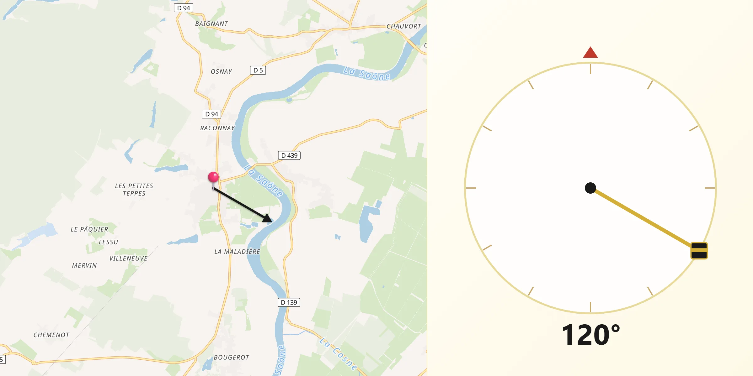 Direction vers la Qibla depuis Gergy