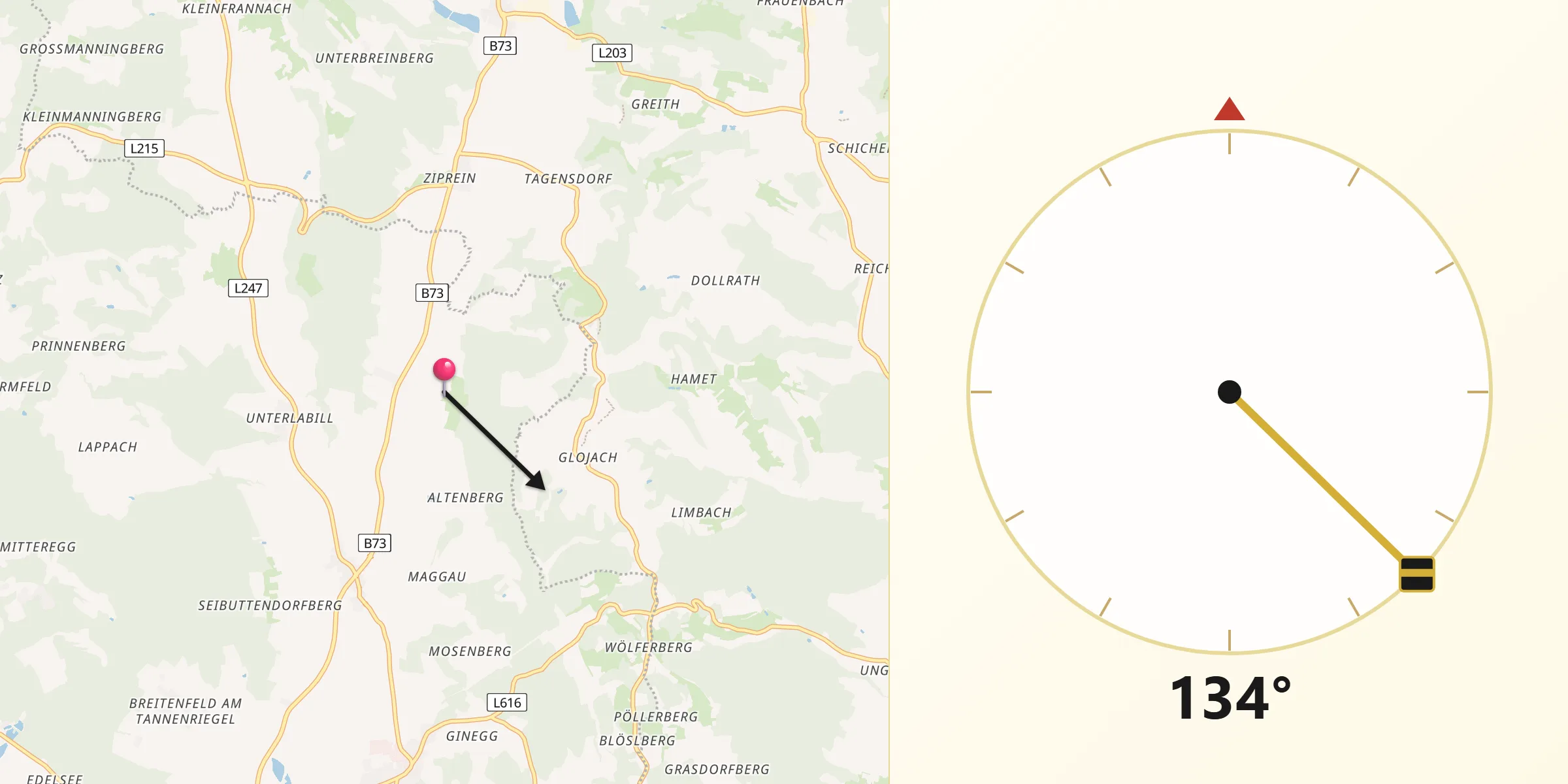 Qibla-Richtung von Schwarzau im Schwarzautal