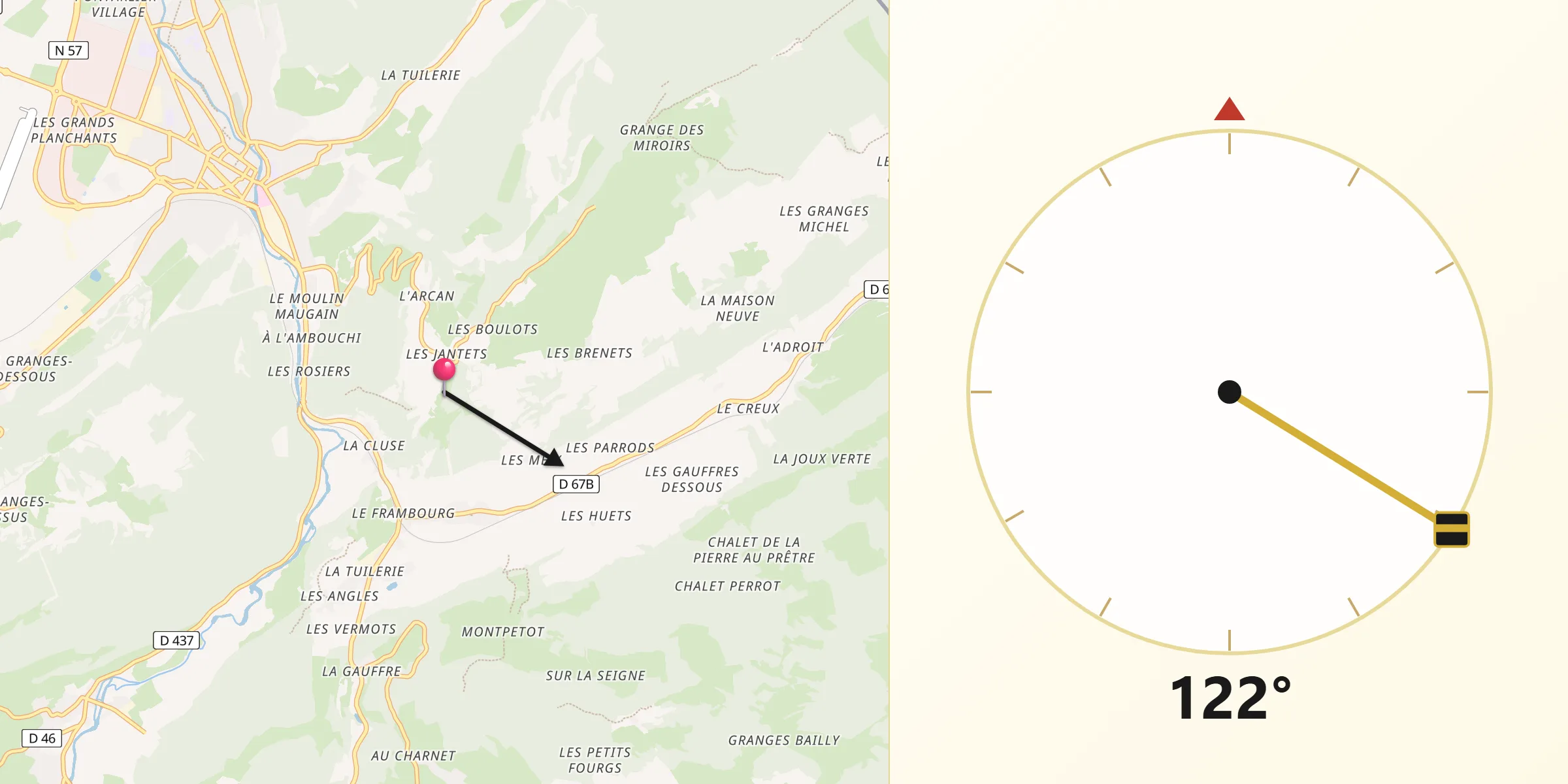Direction vers la Qibla depuis La Cluse-et-Mijoux