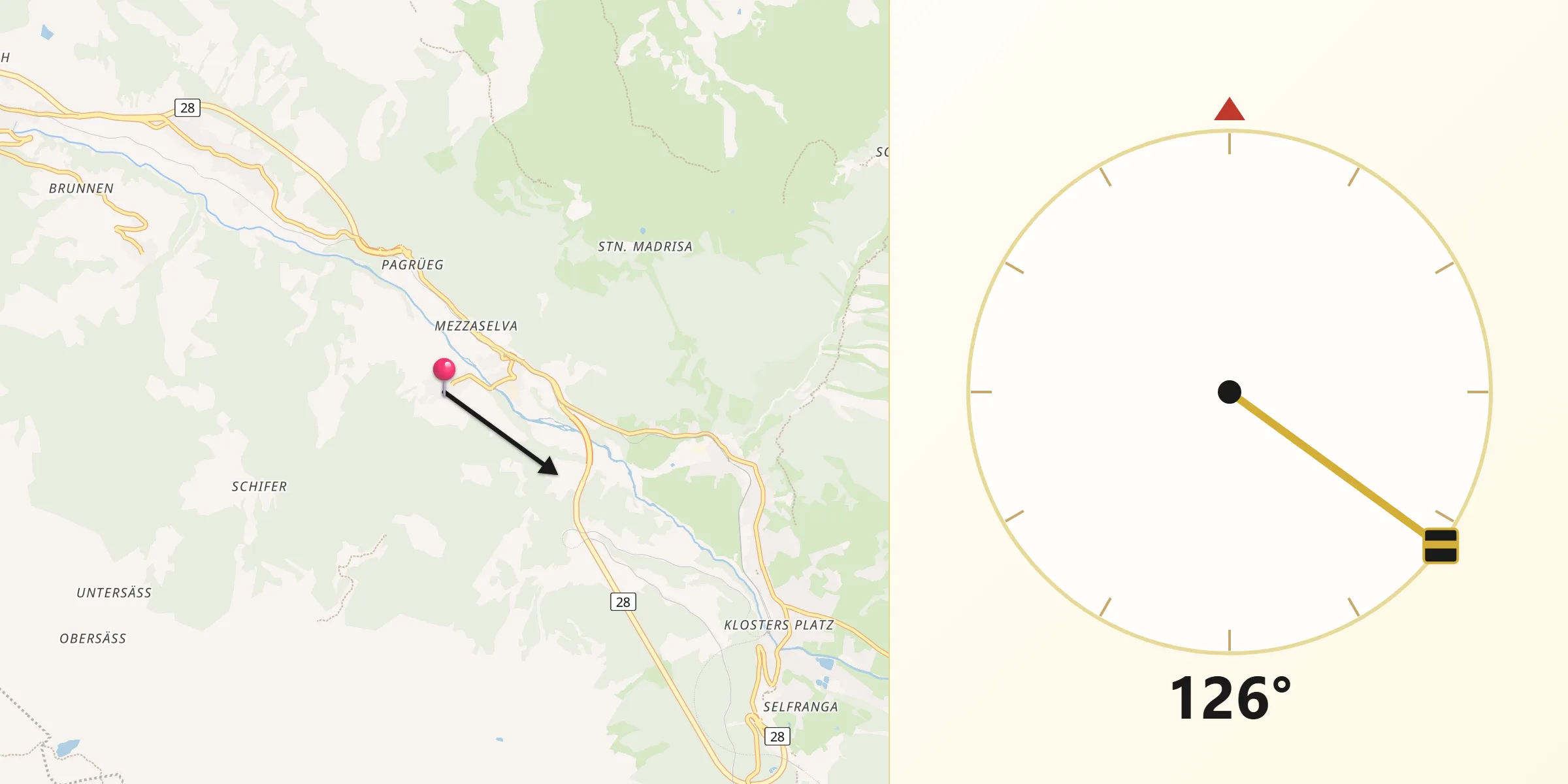 Direzione della Qibla da Klosters Serneus
