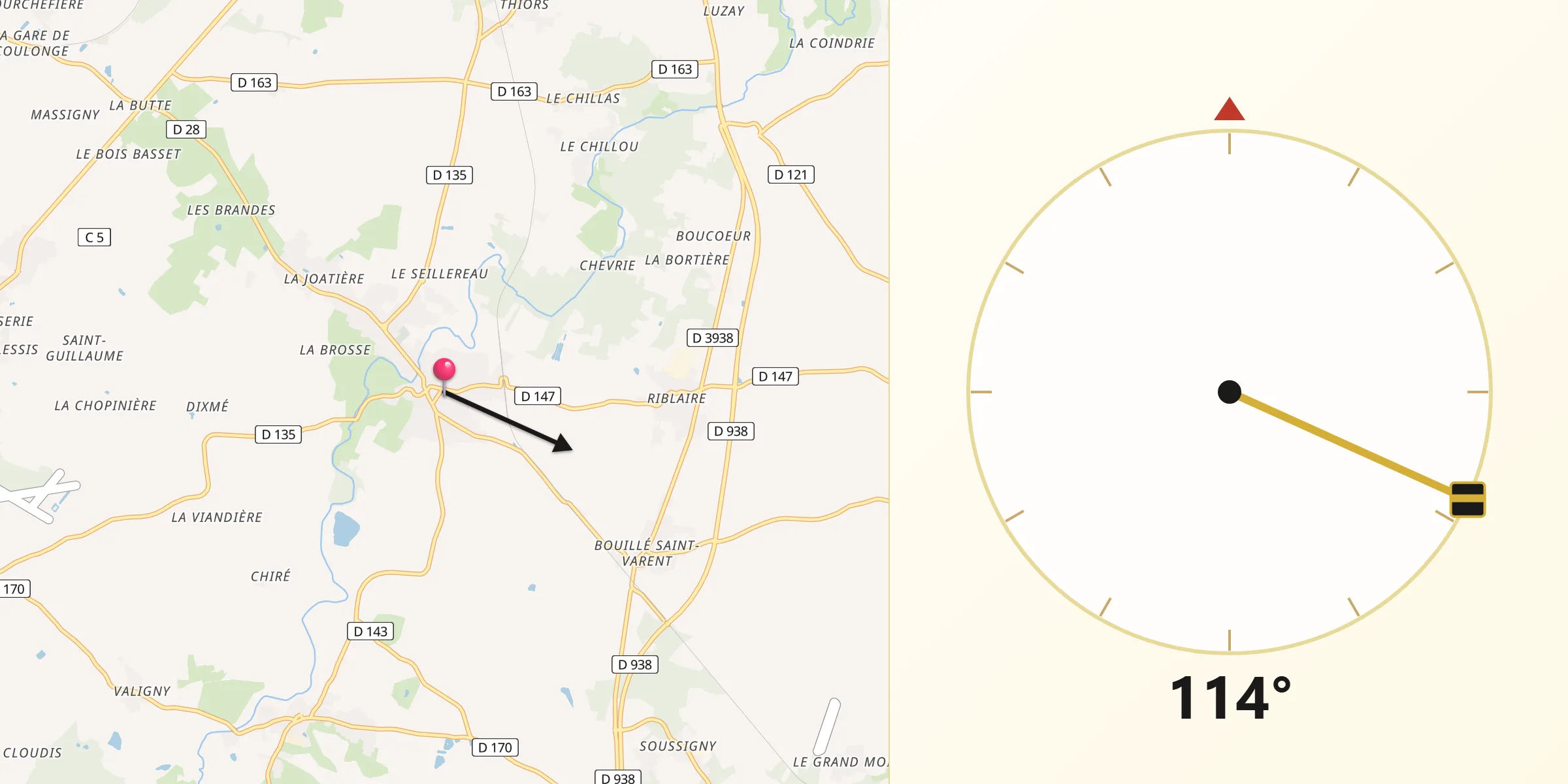 Direction vers la Qibla depuis Saint-Varent