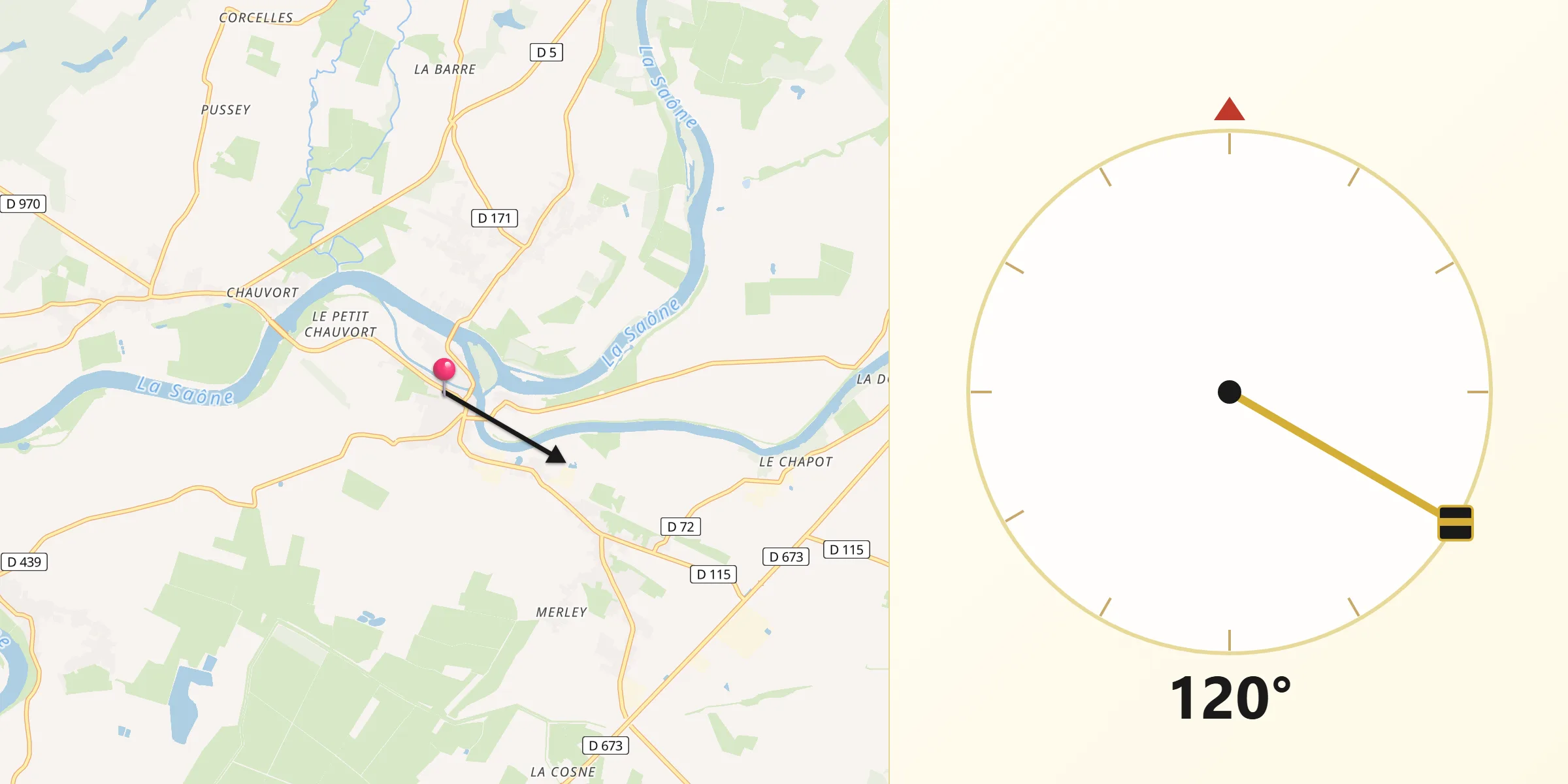 Direction vers la Qibla depuis Verdun-sur-le-Doubs