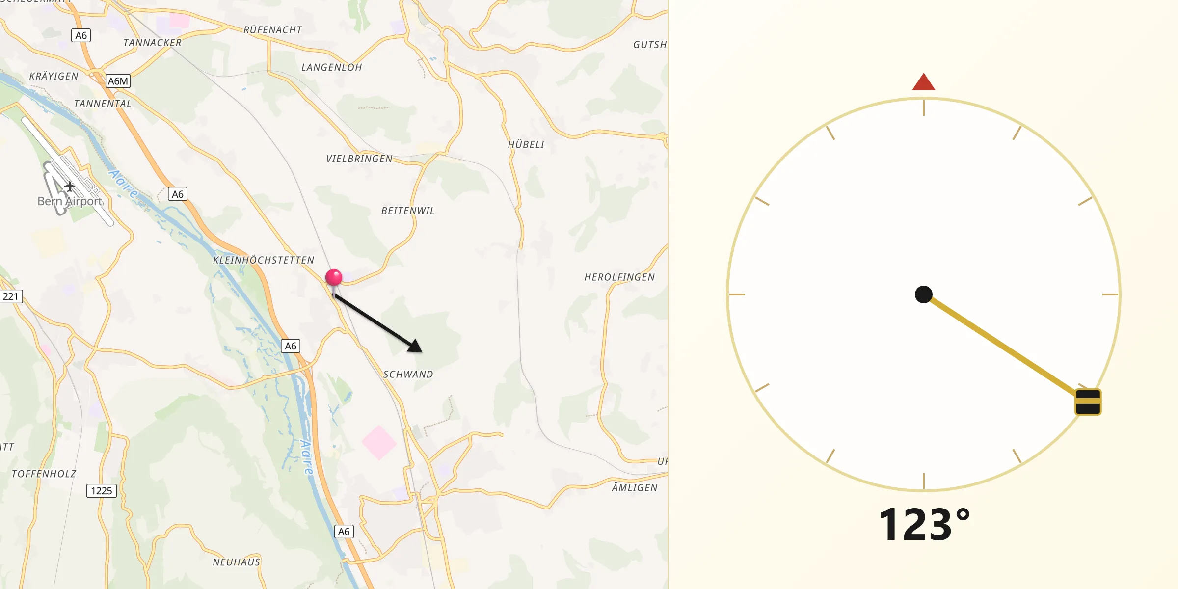 Direction vers la Qibla depuis Rubigen