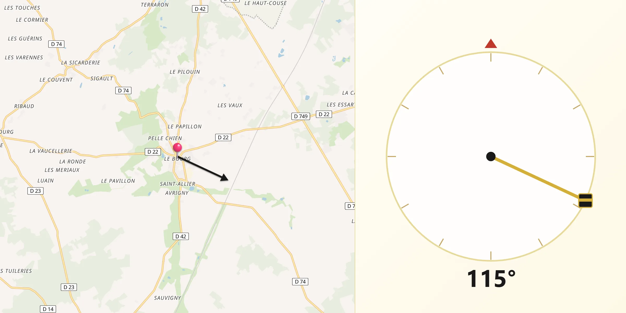 Direction vers la Qibla depuis Saint-Gervais-les-Trois-Clochers