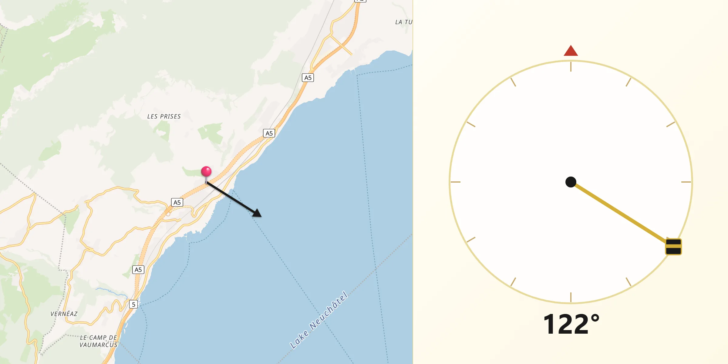 Direction vers la Qibla depuis Gorgier