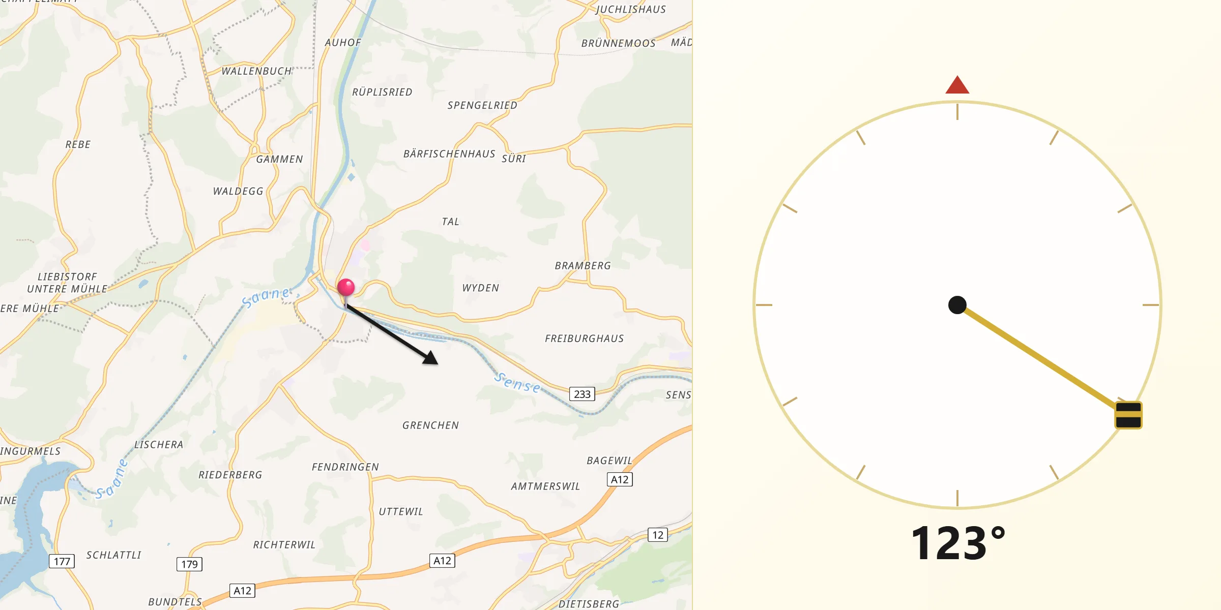 Direction vers la Qibla depuis Laupen