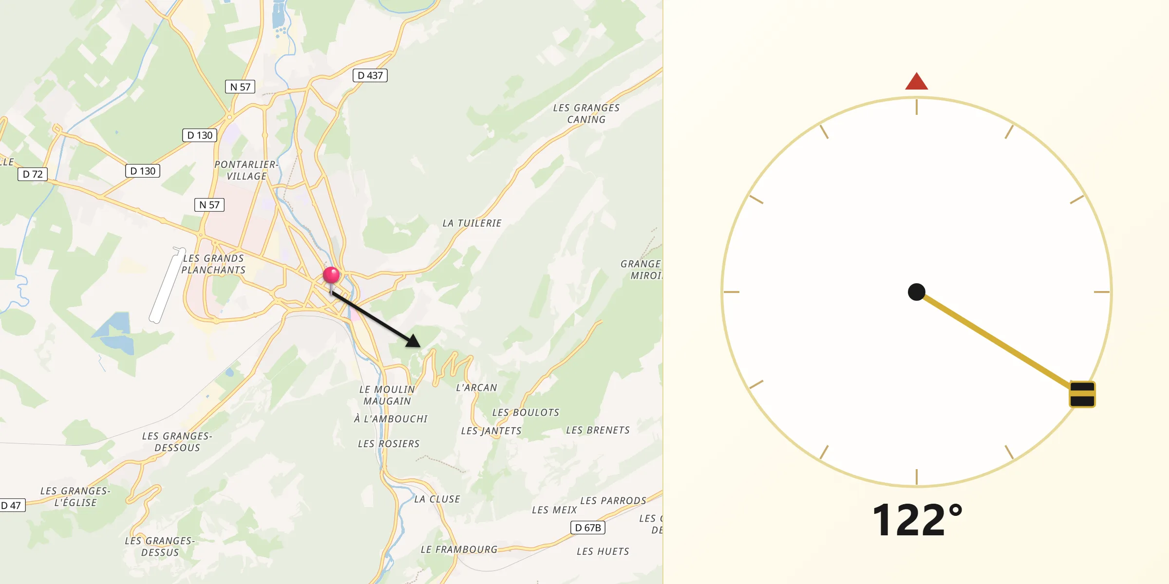 Direction vers la Qibla depuis Pontarlier