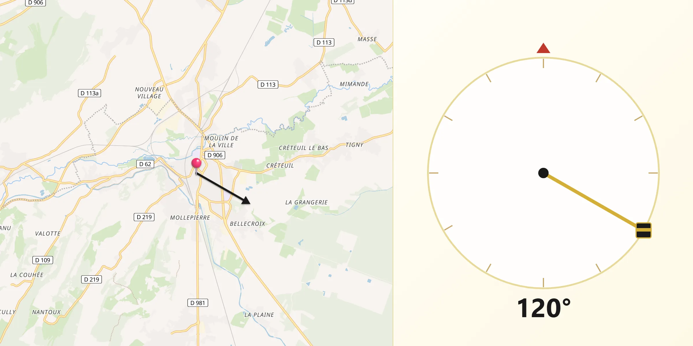 Direction vers la Qibla depuis Chagny