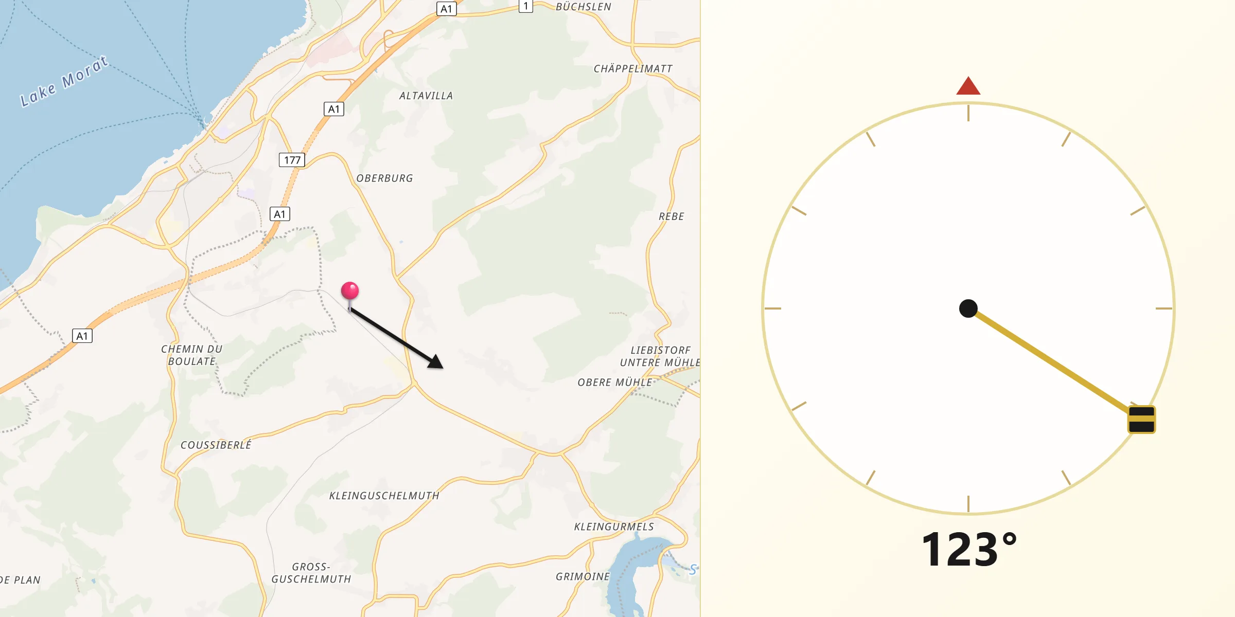 Direction vers la Qibla depuis Lake