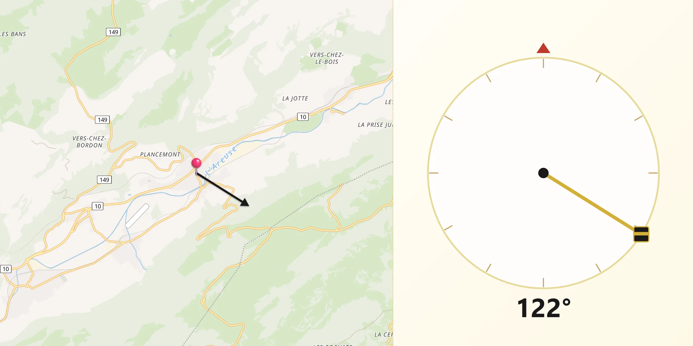 Direction vers la Qibla depuis Couvet