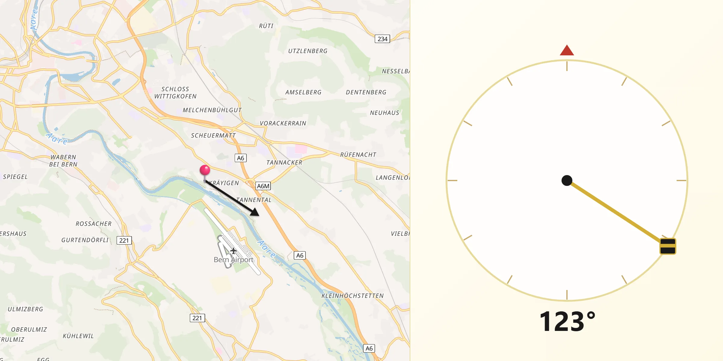 Direction vers la Qibla depuis Bern-Mittelland