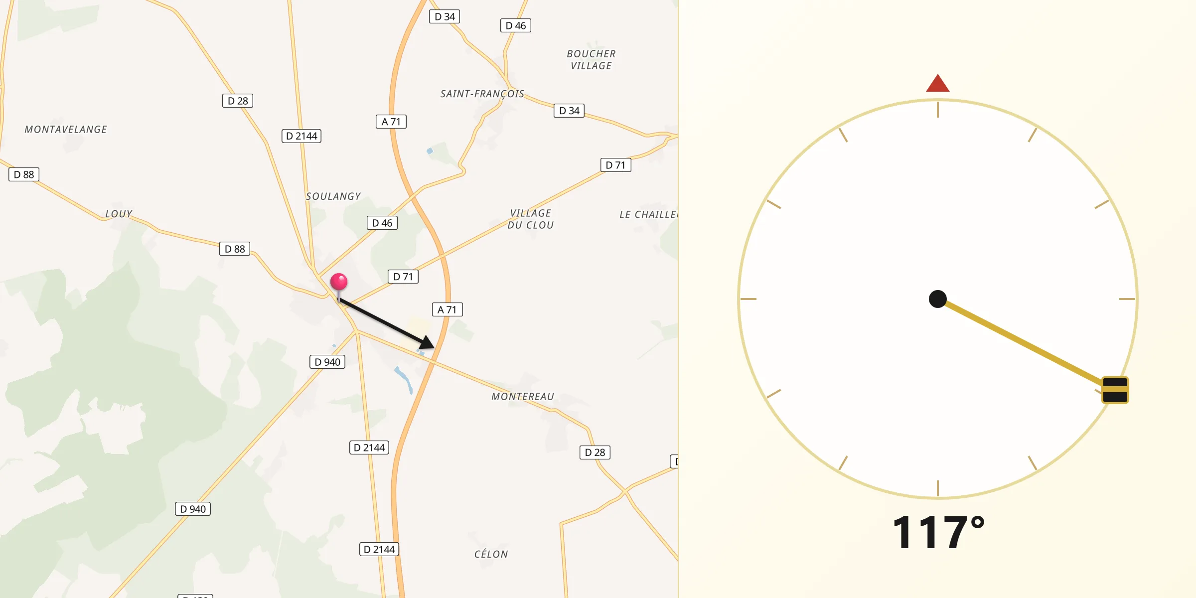 Direction vers la Qibla depuis Levet