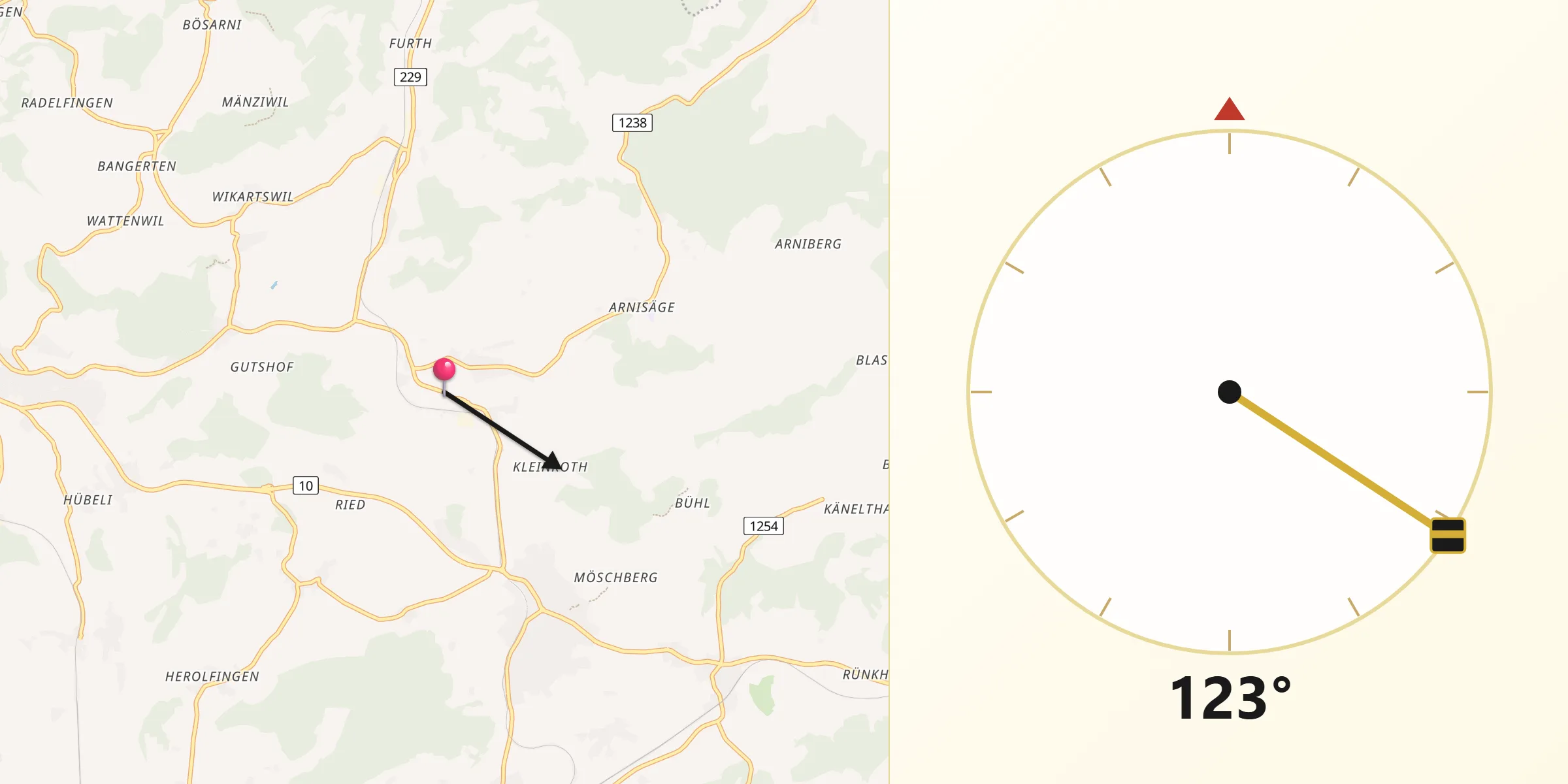 Direction vers la Qibla depuis Biglen