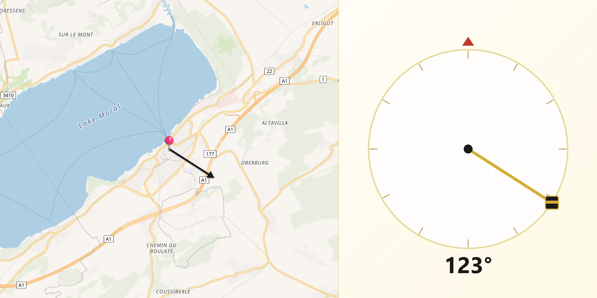 Direction vers la Qibla depuis Murten/Morat