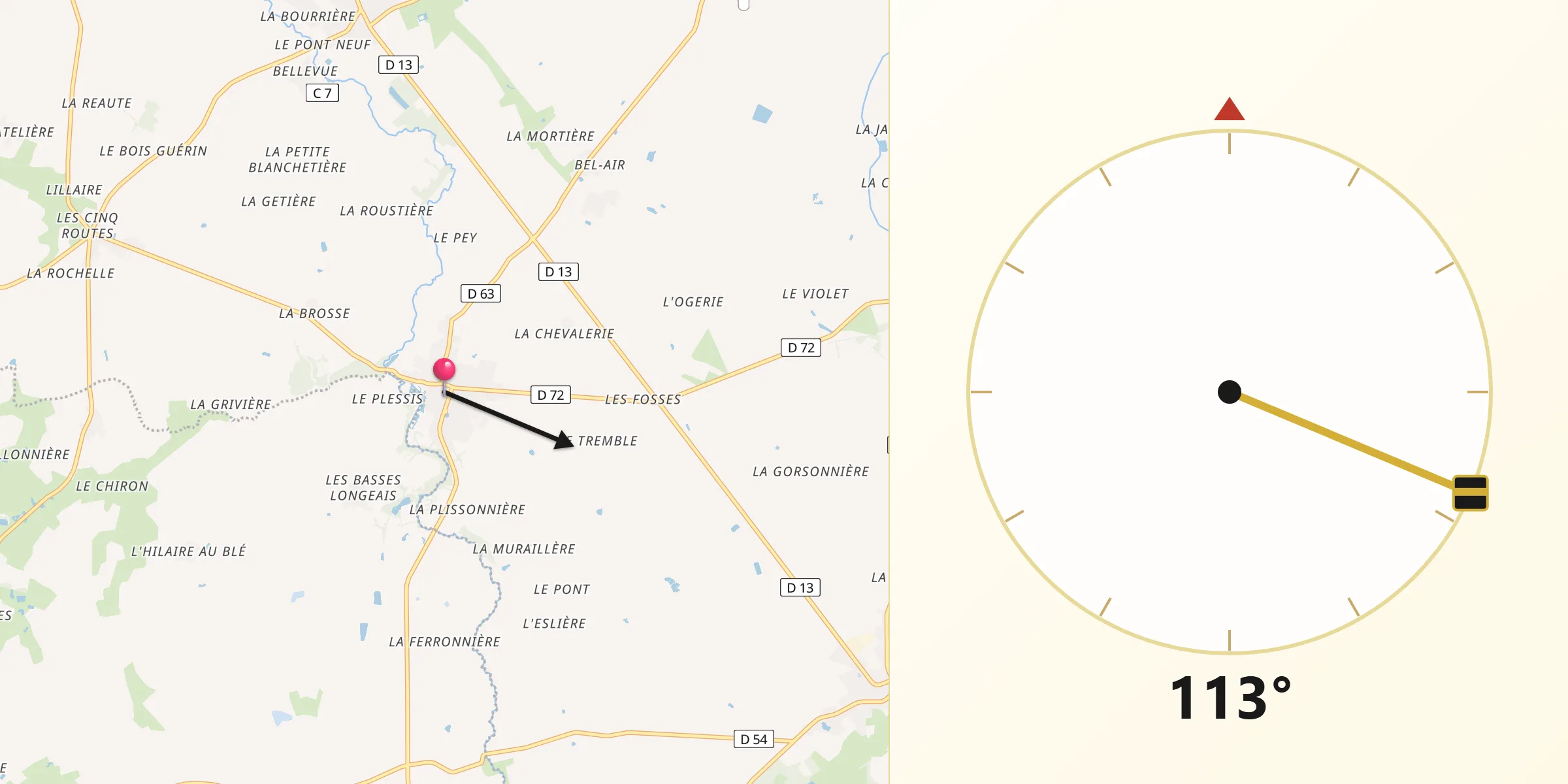 Direction vers la Qibla depuis Saint-Étienne-de-Mer-Morte