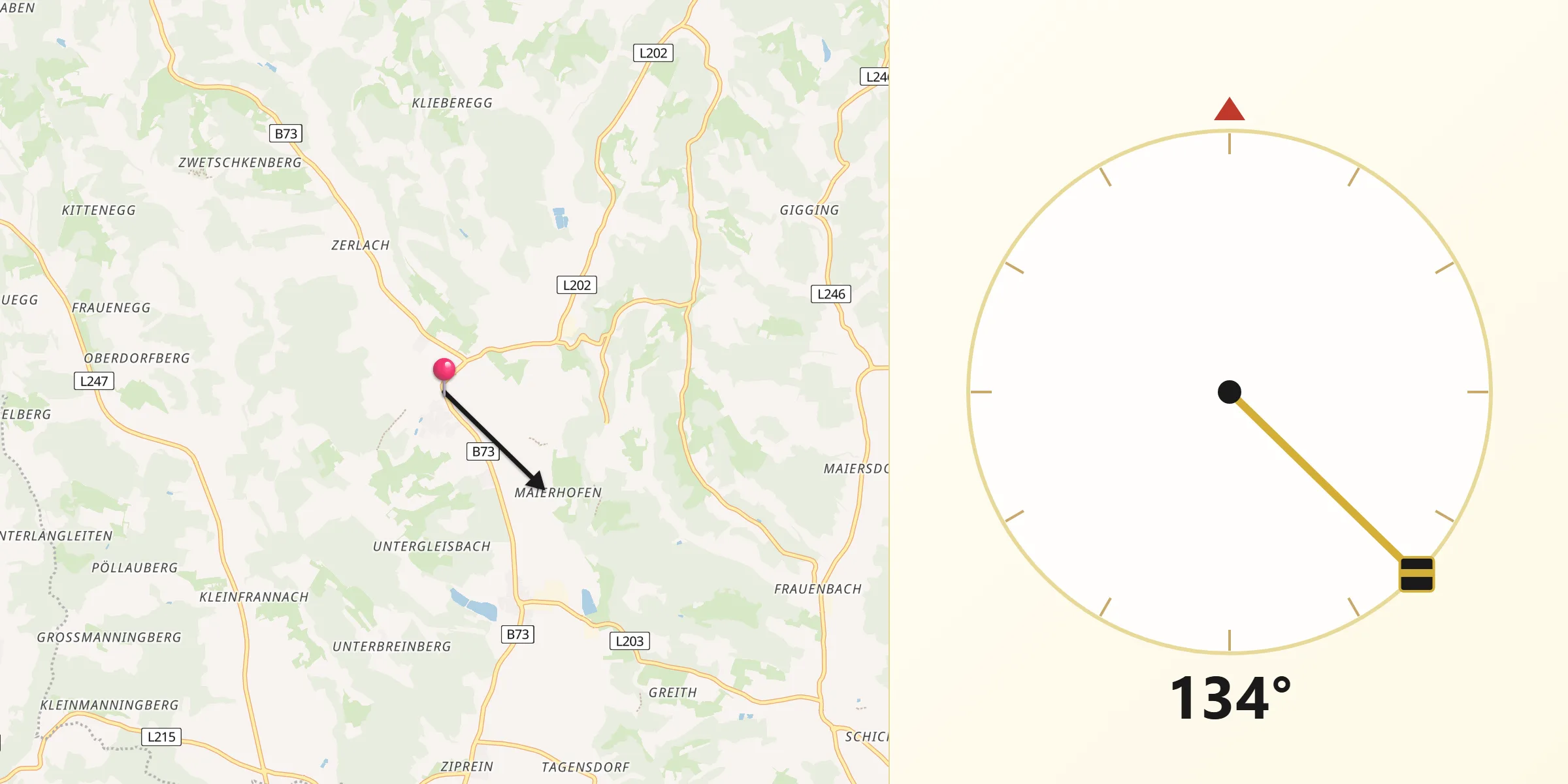 Qibla-Richtung von Kirchbach in Steiermark