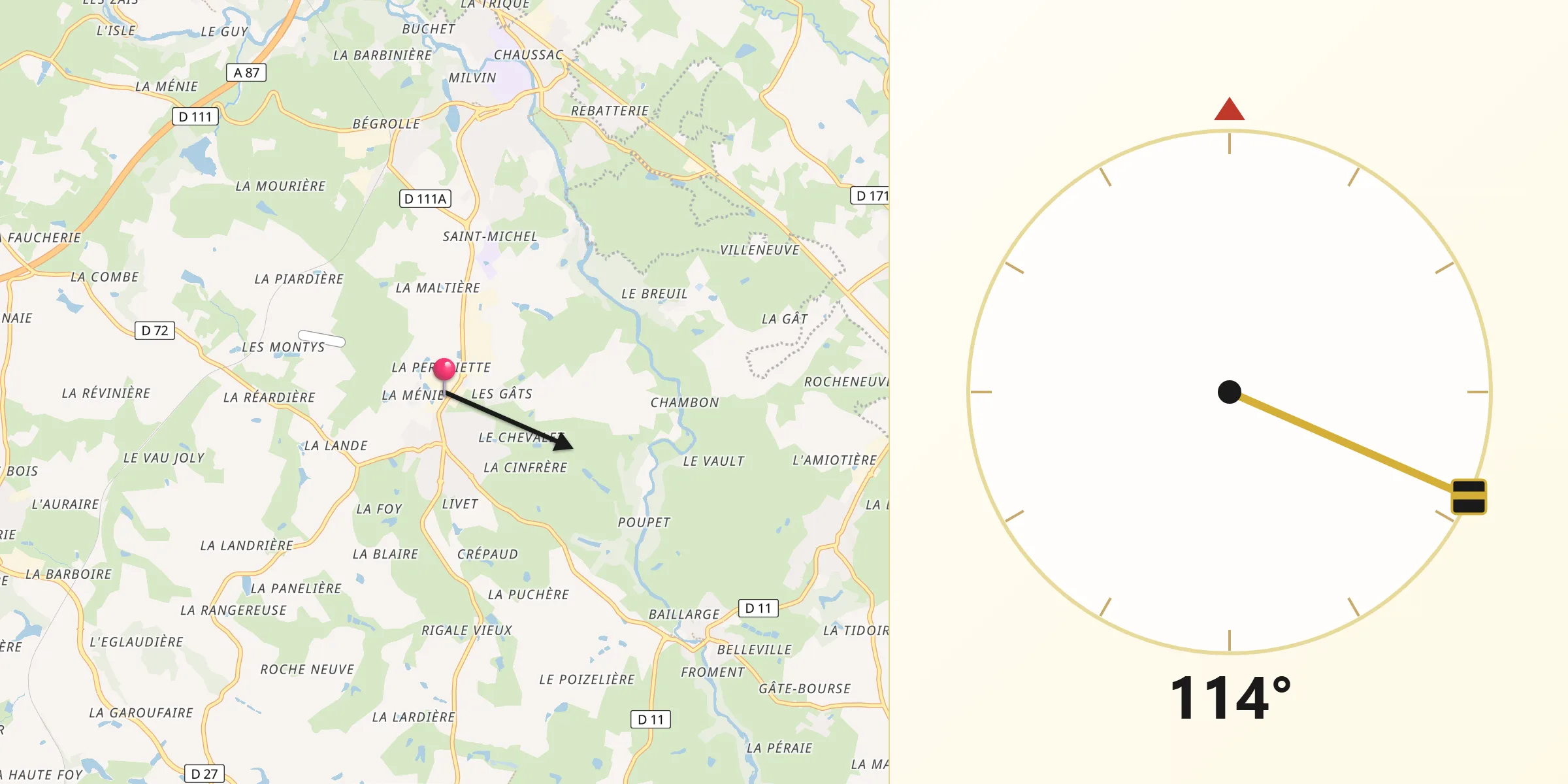 Direction vers la Qibla depuis Saint-Malô-du-Bois