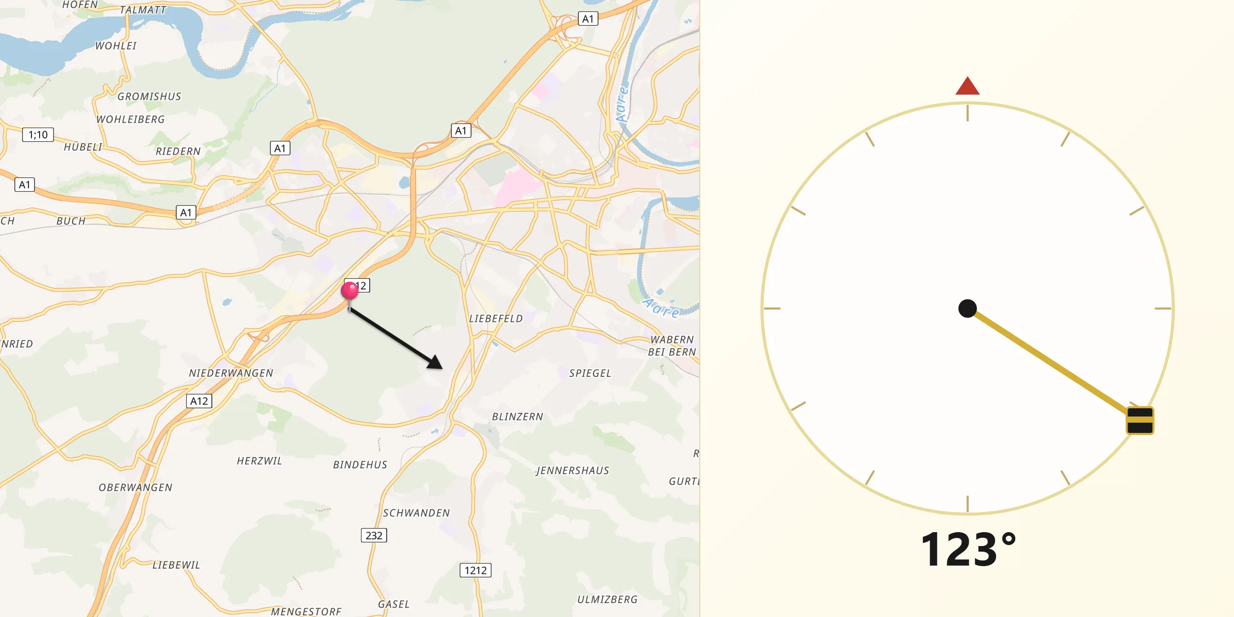 Direction vers la Qibla depuis Liebefeld