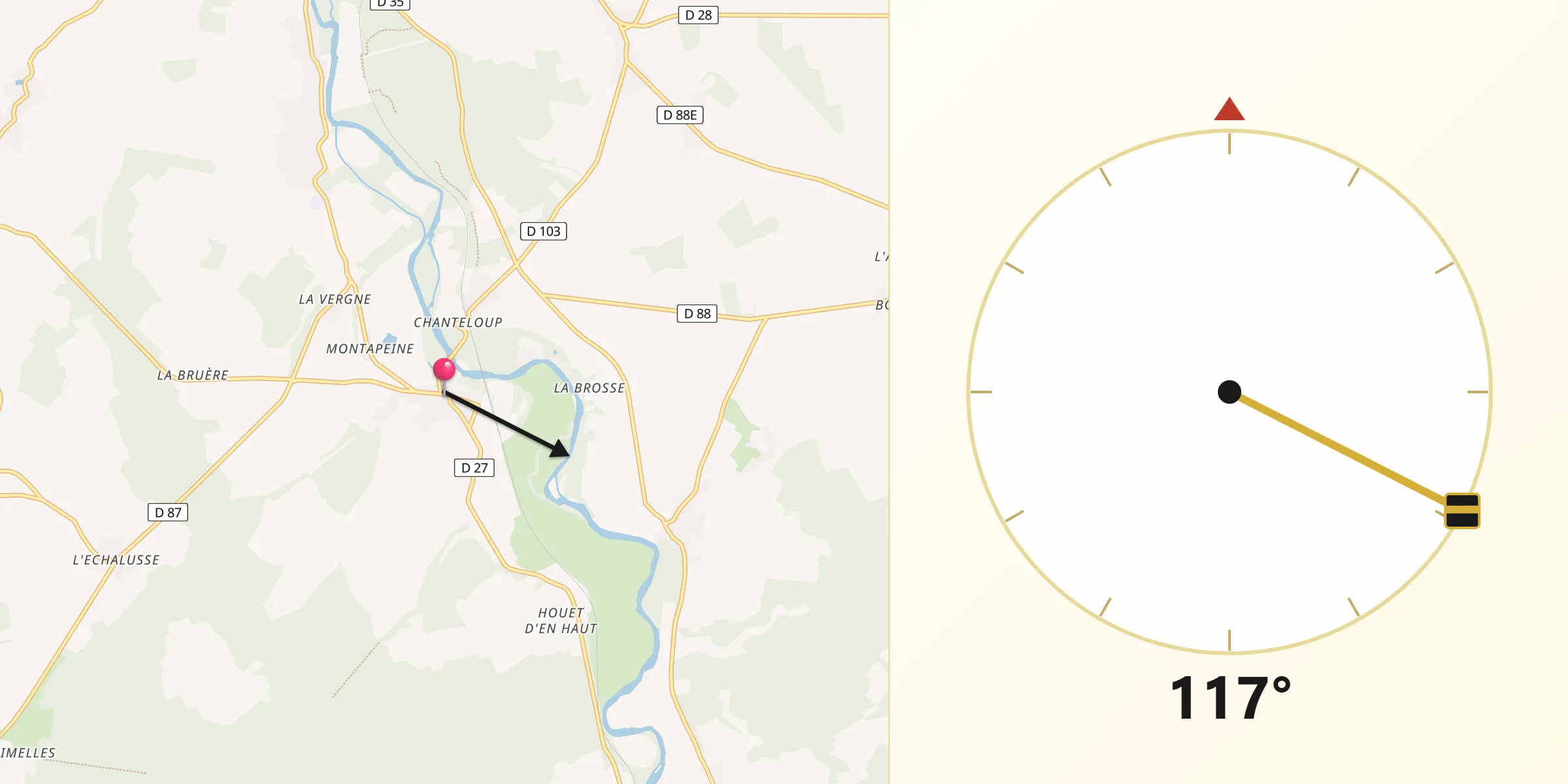 Direction vers la Qibla depuis Lunery