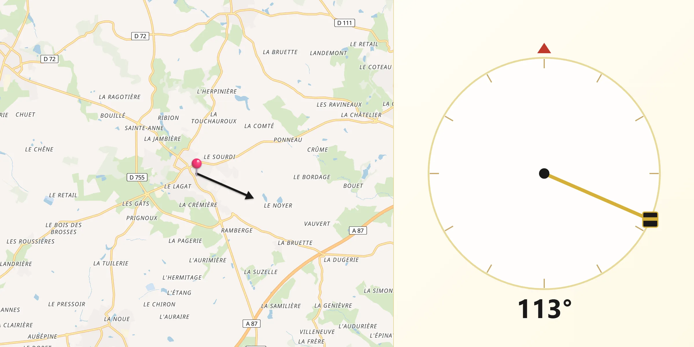 Direction vers la Qibla depuis La Gaubretière