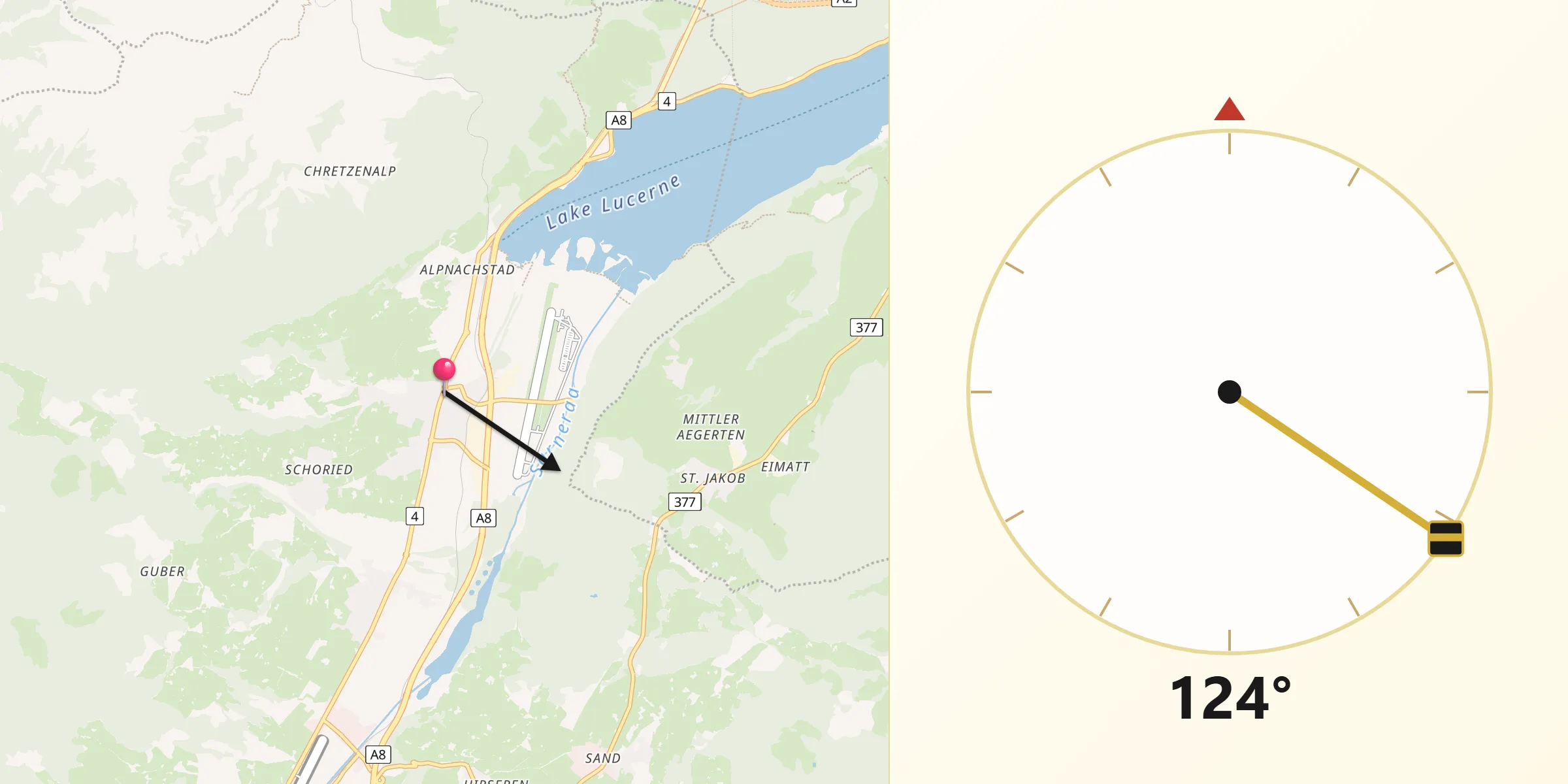 Direction vers la Qibla depuis Alpnach