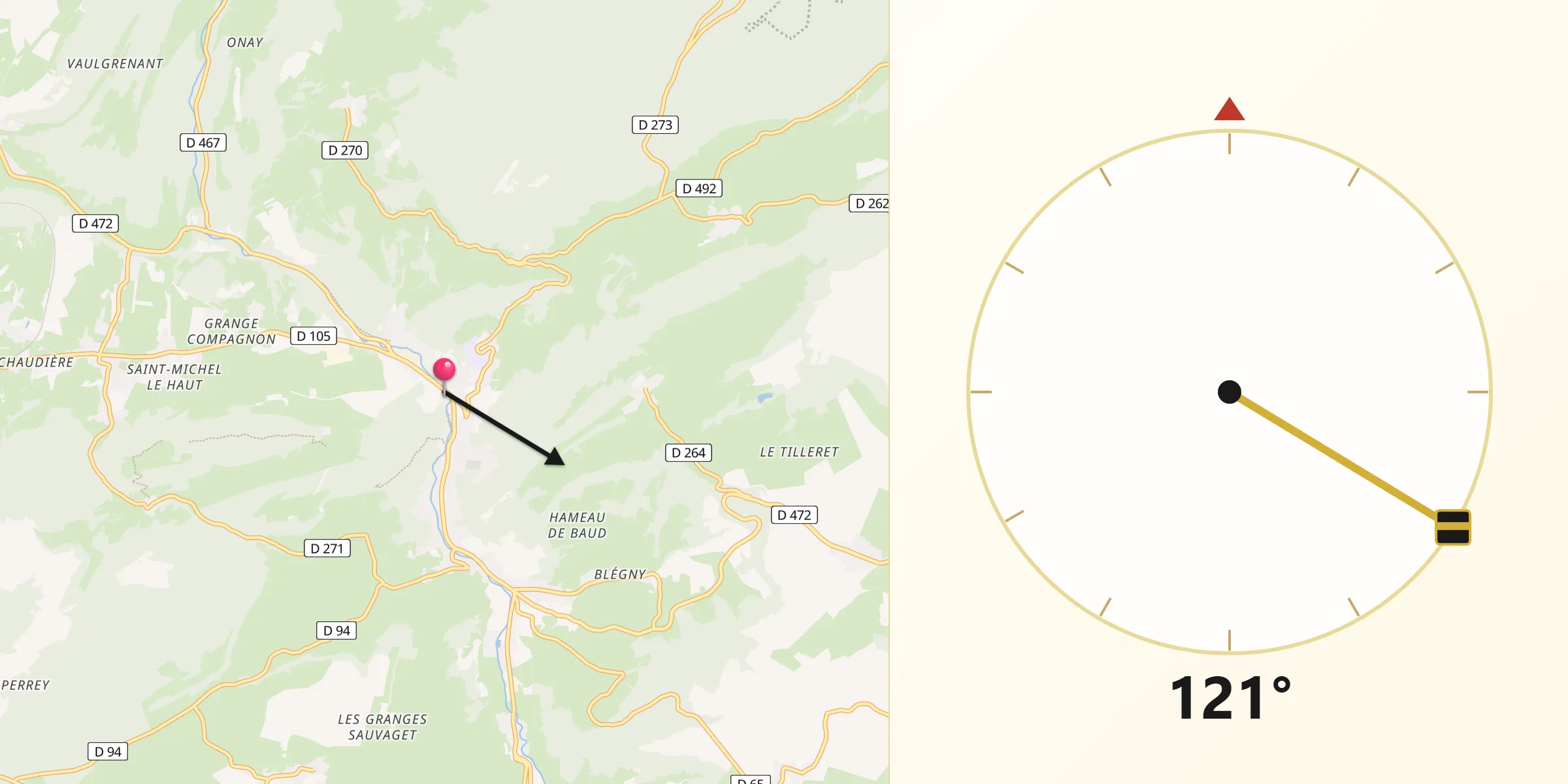 Direction vers la Qibla depuis Salins-les-Bains