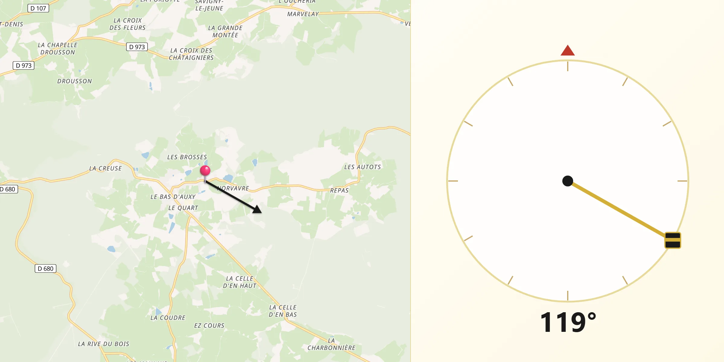 Direction vers la Qibla depuis Auxy