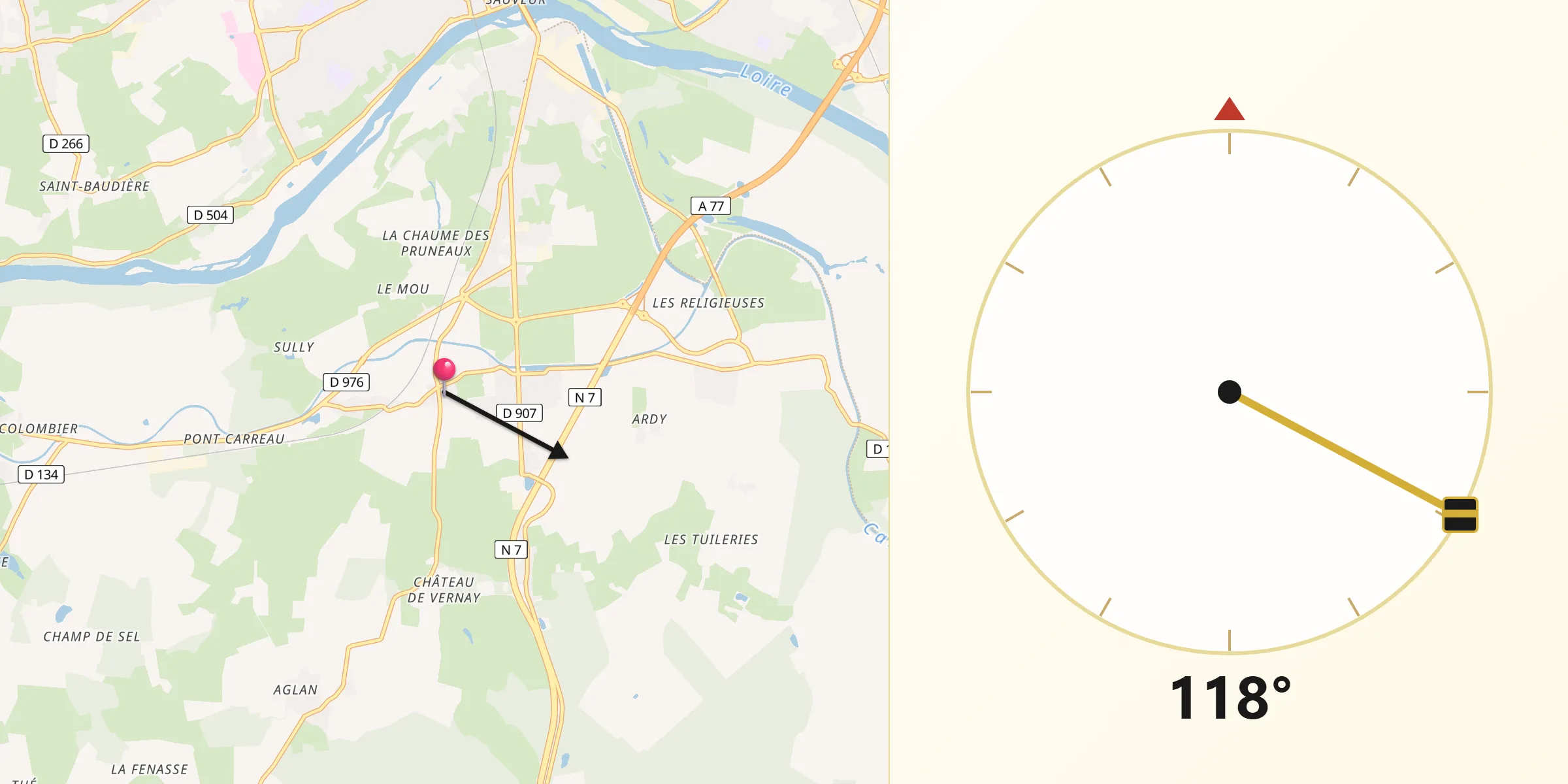 Direction vers la Qibla depuis Challuy