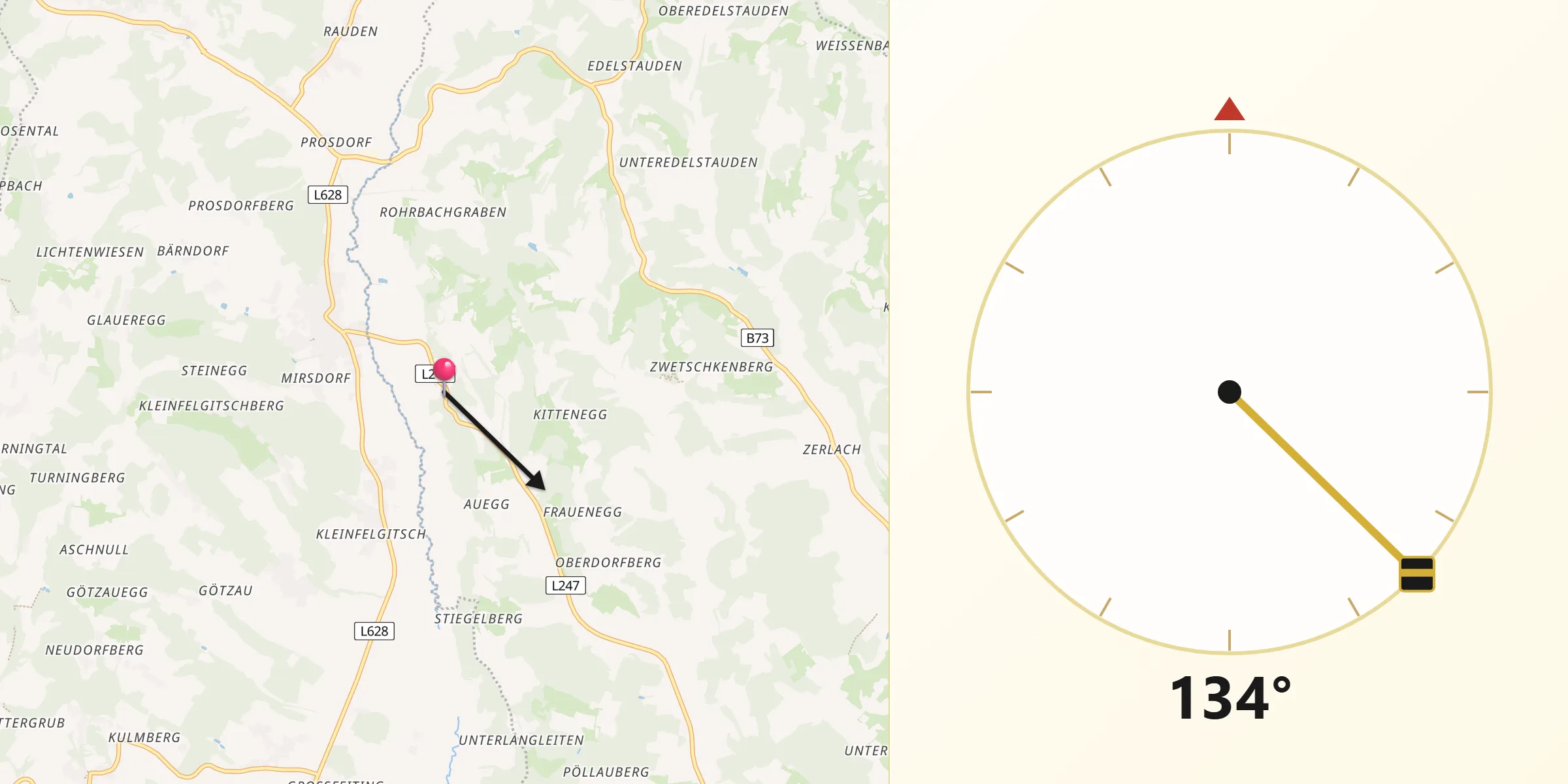 Qibla-Richtung von Pirching am Traubenberg