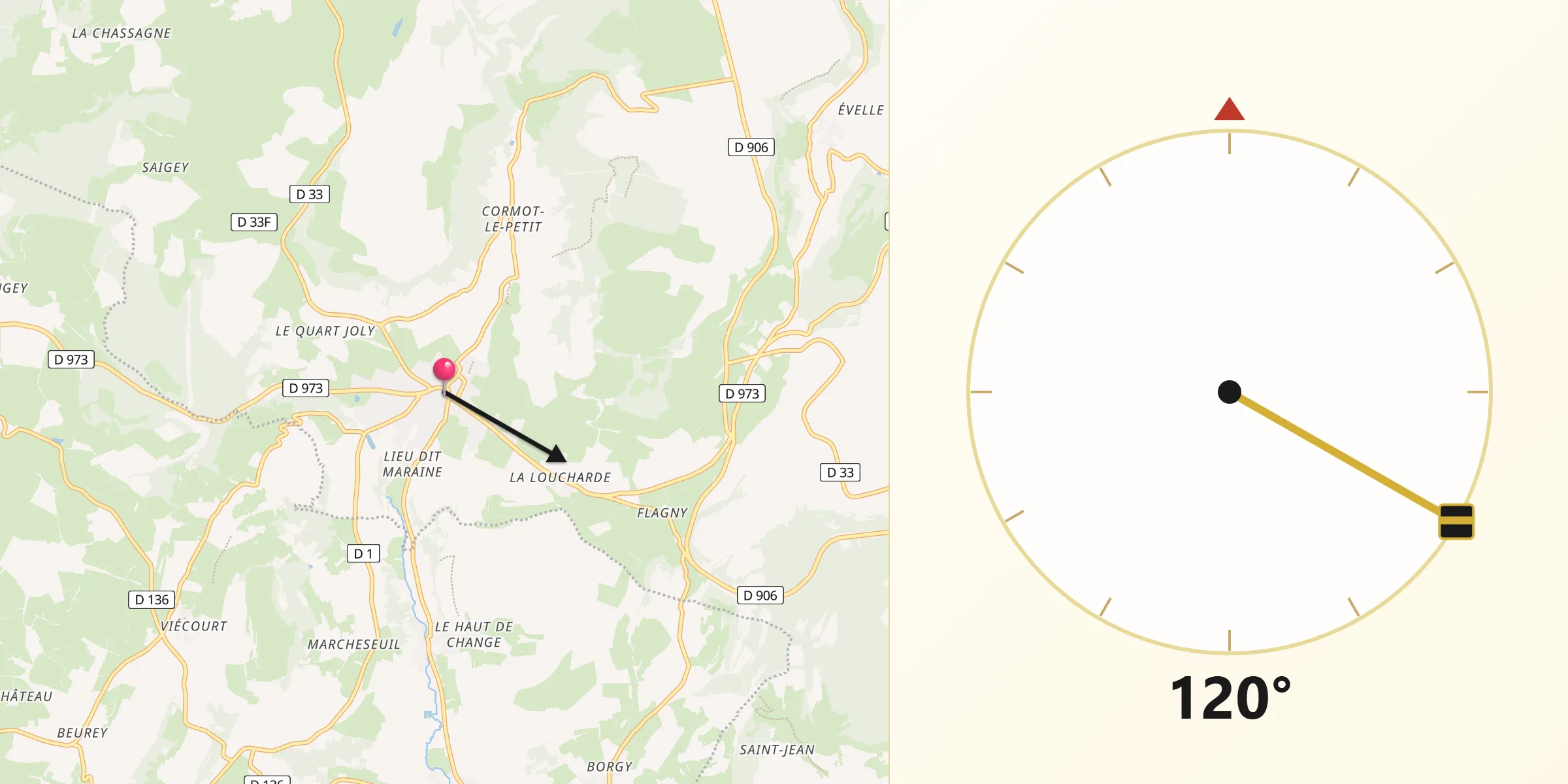 Direction vers la Qibla depuis Nolay