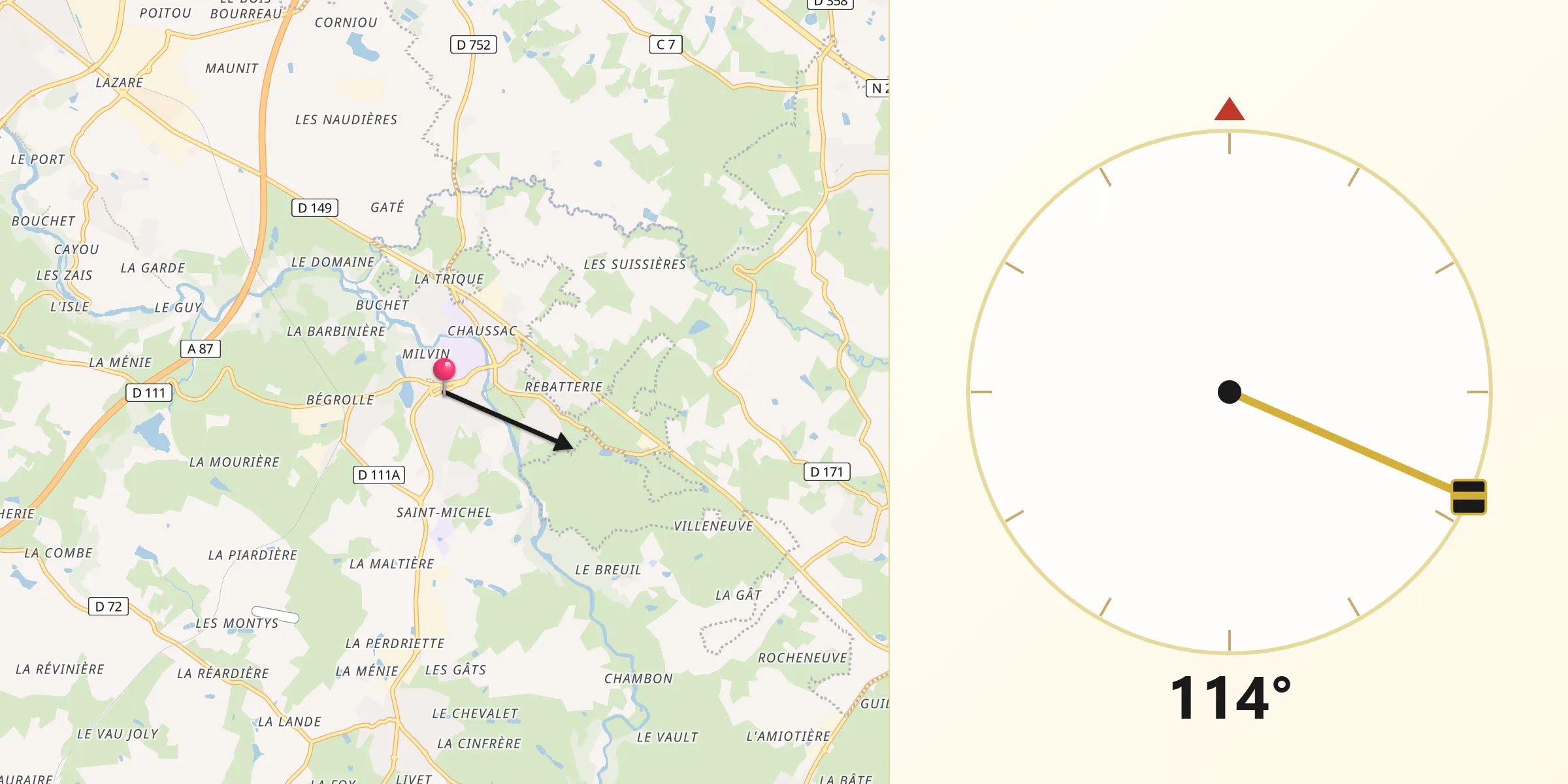 Direction vers la Qibla depuis Saint-Laurent-sur-Sèvre