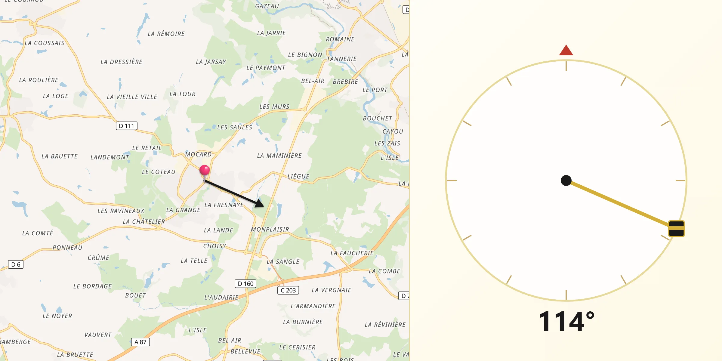 Direction vers la Qibla depuis La Verrie