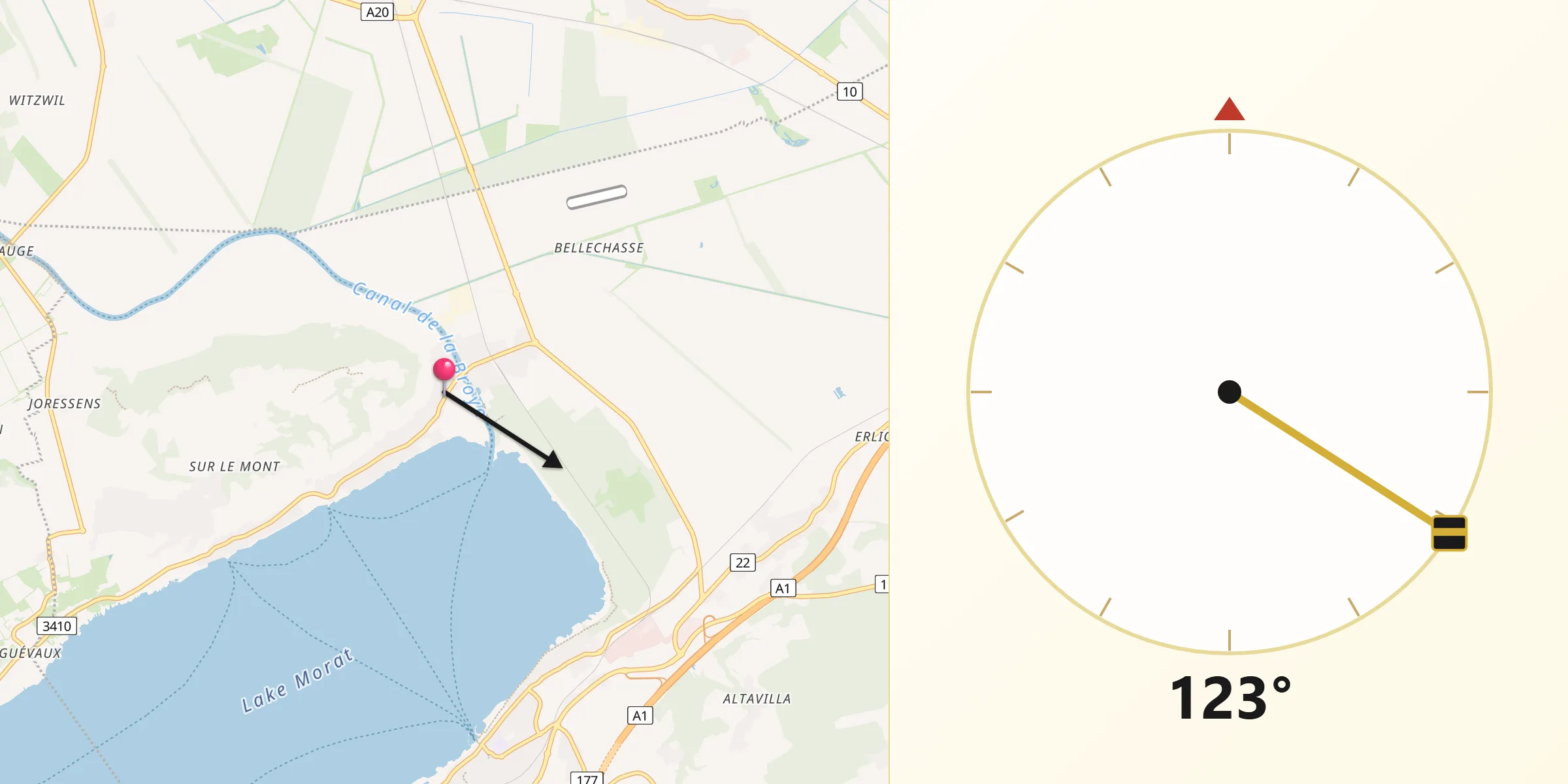 Direction vers la Qibla depuis Bas-Vully