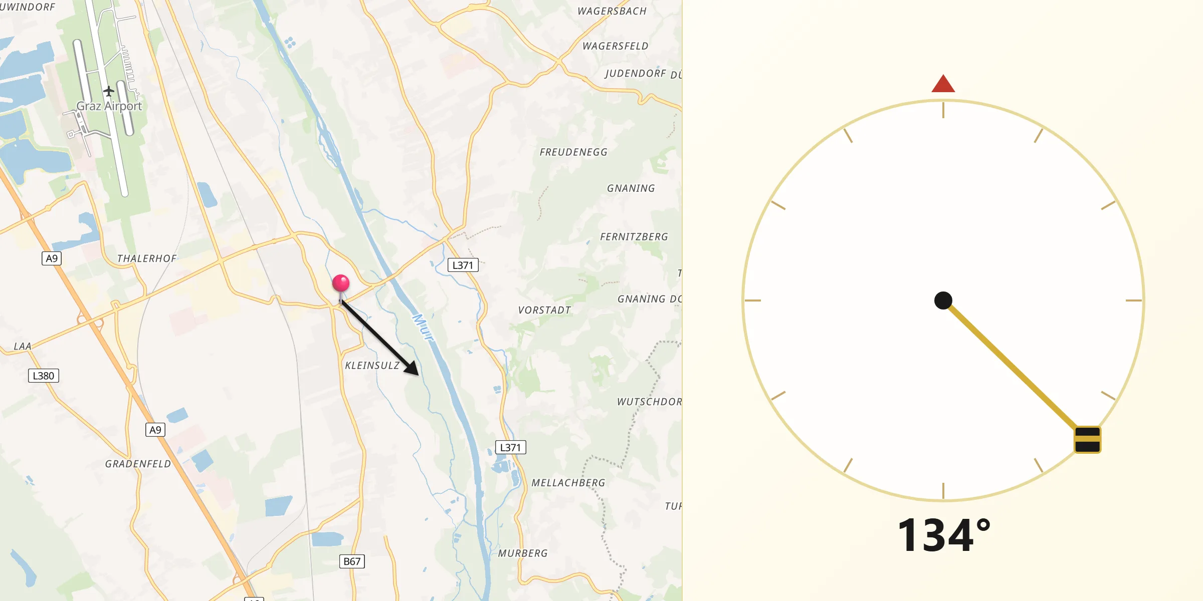 Qibla-Richtung von Kalsdorf bei Graz