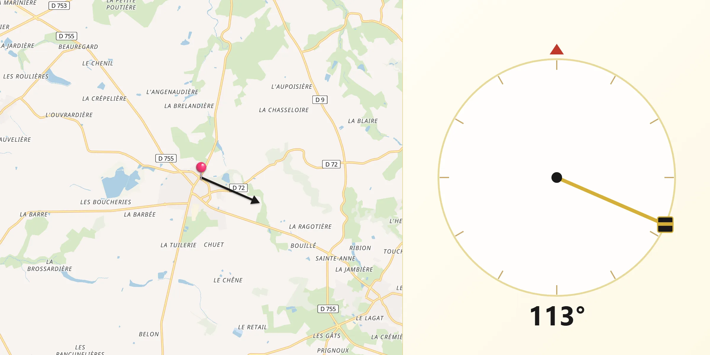 Direction vers la Qibla depuis Les Landes-Genusson