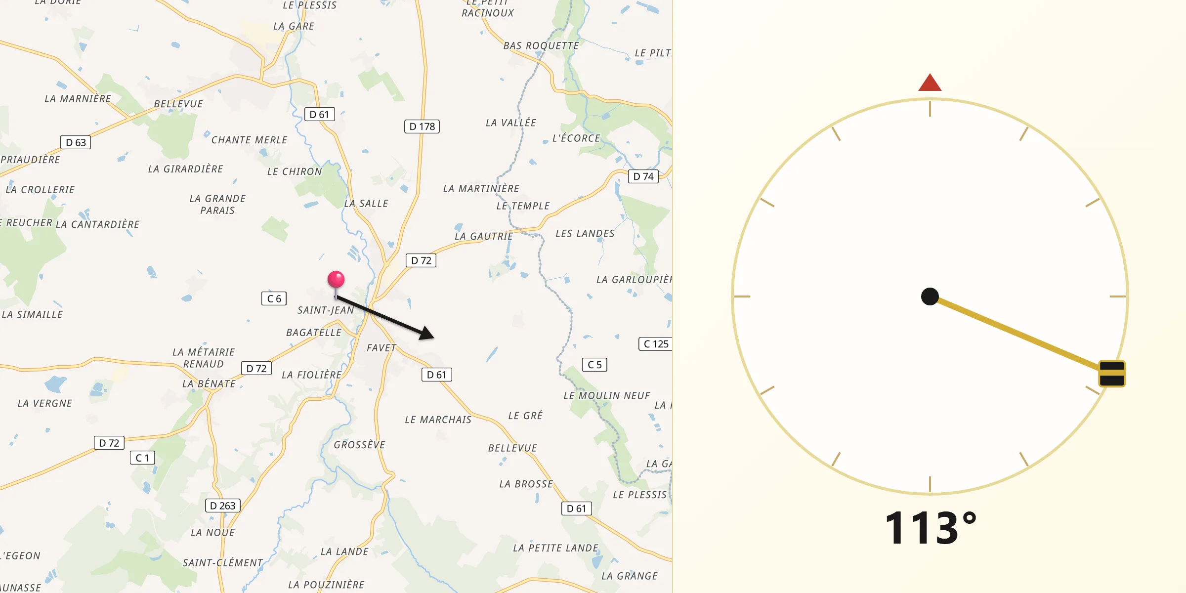 Direction vers la Qibla depuis Corcoué-sur-Logne