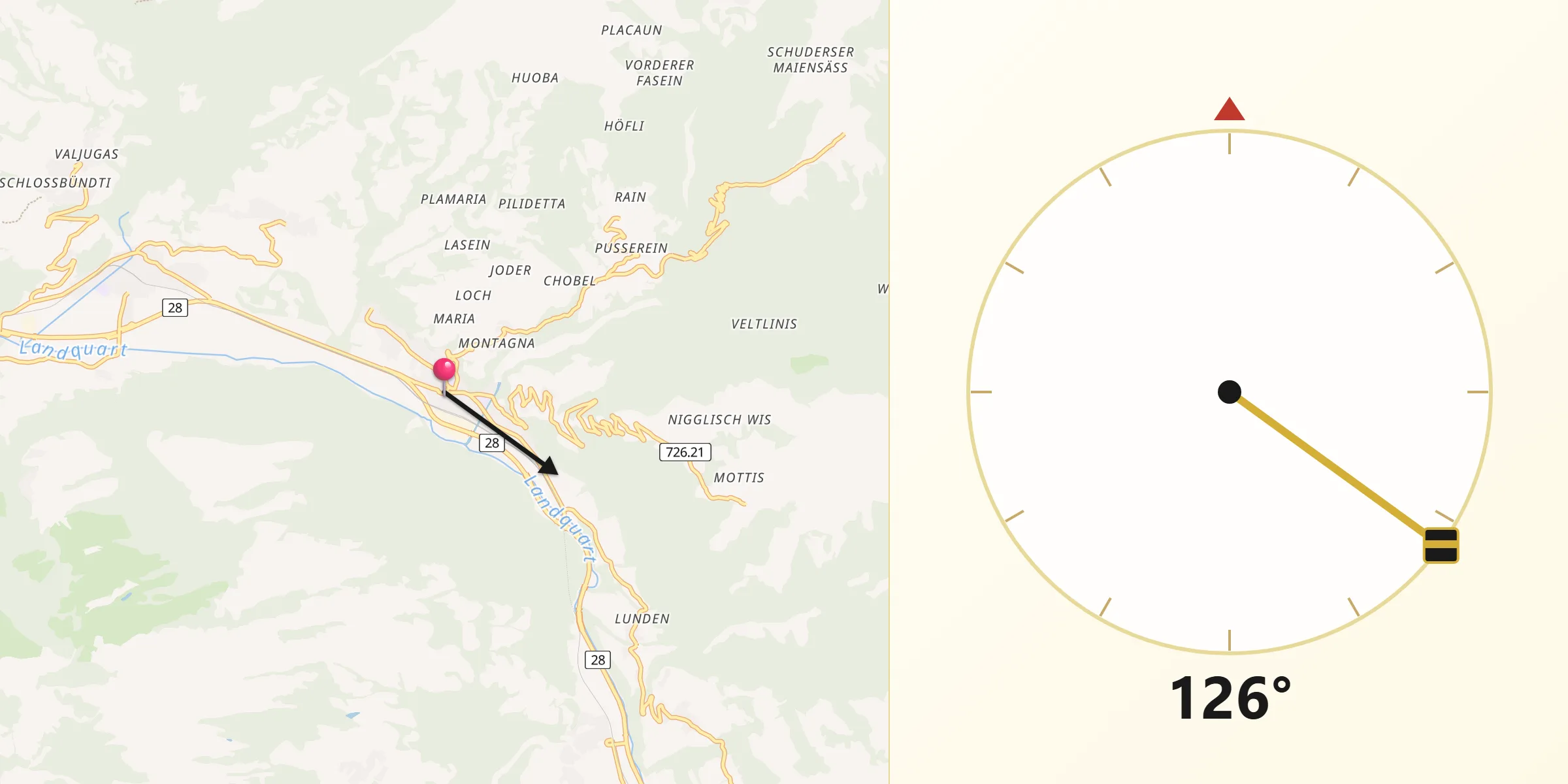 Direction vers la Qibla depuis Schiers