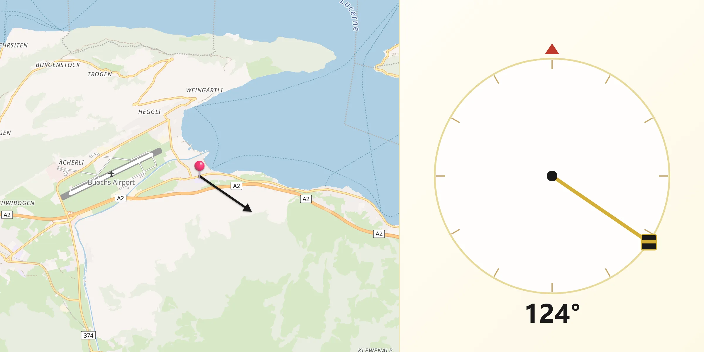 Direction vers la Qibla depuis Buochs