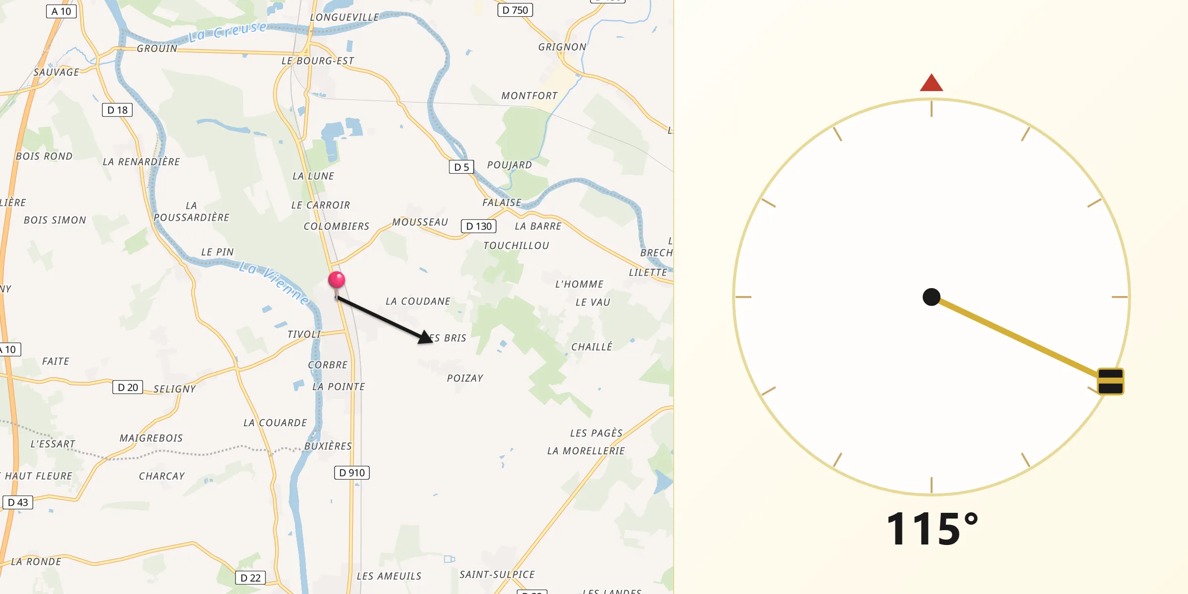 Direction vers la Qibla depuis Les Ormes