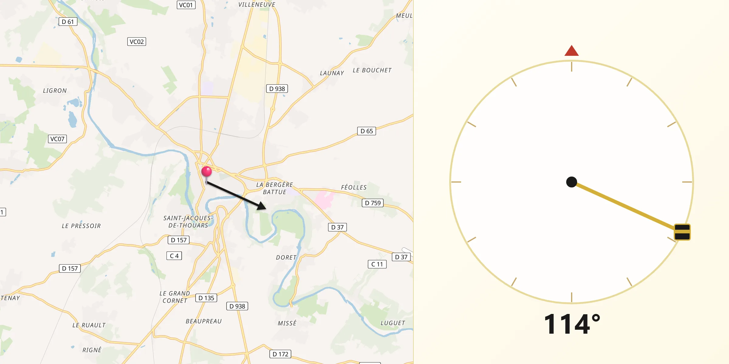 Direction vers la Qibla depuis Thouars