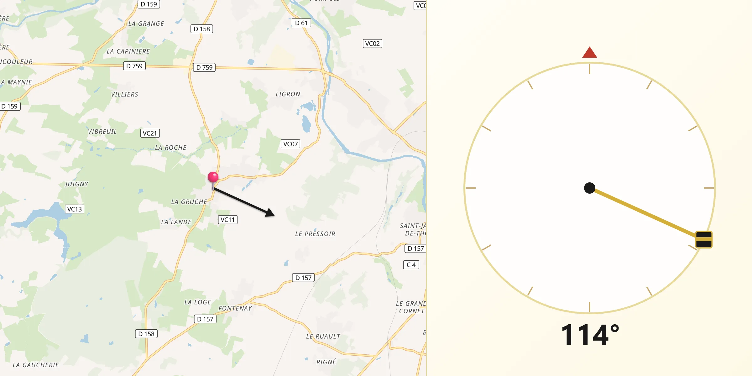 Direction vers la Qibla depuis Mauzé-Thouarsais
