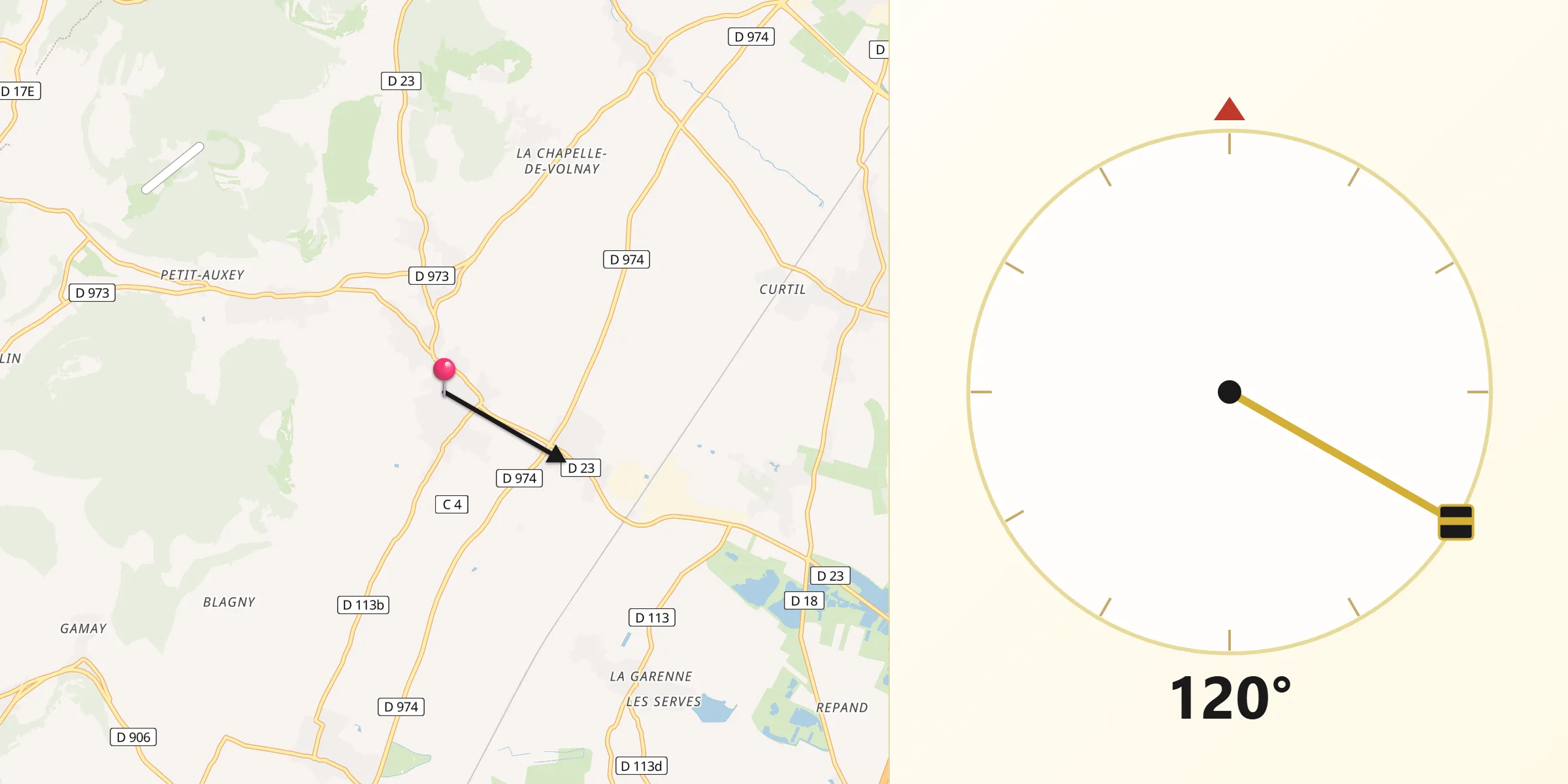 Direction vers la Qibla depuis Meursault