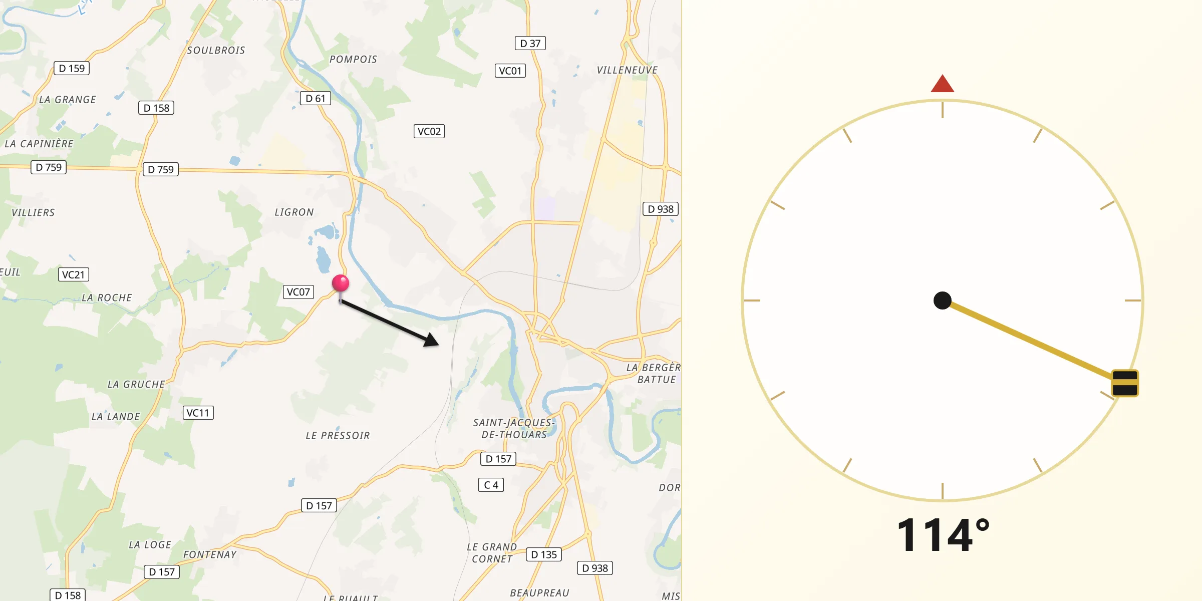 Direction vers la Qibla depuis Sainte-Radegonde