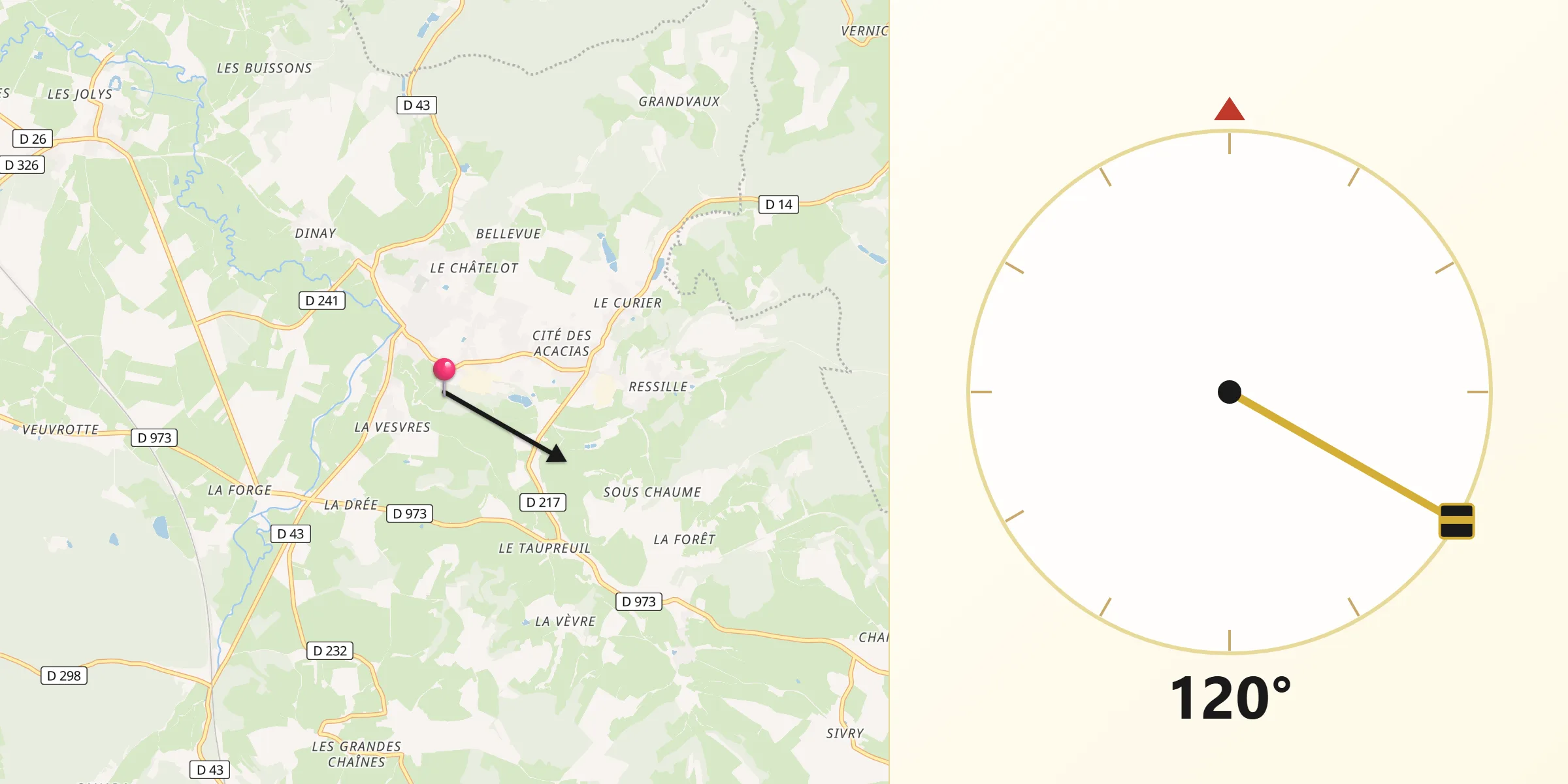 Direction vers la Qibla depuis Épinac