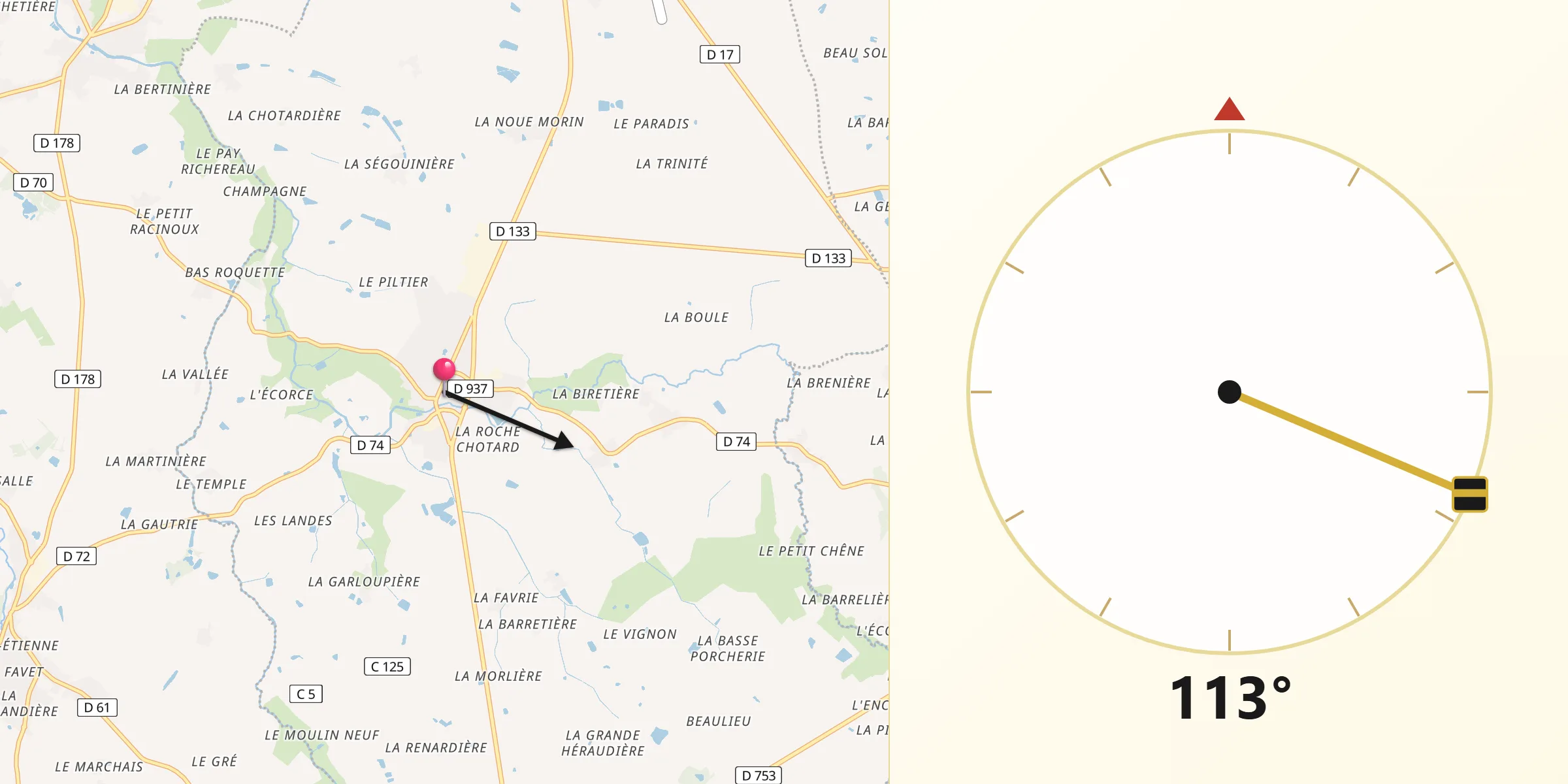 Direction vers la Qibla depuis Saint-Philbert-de-Bouaine