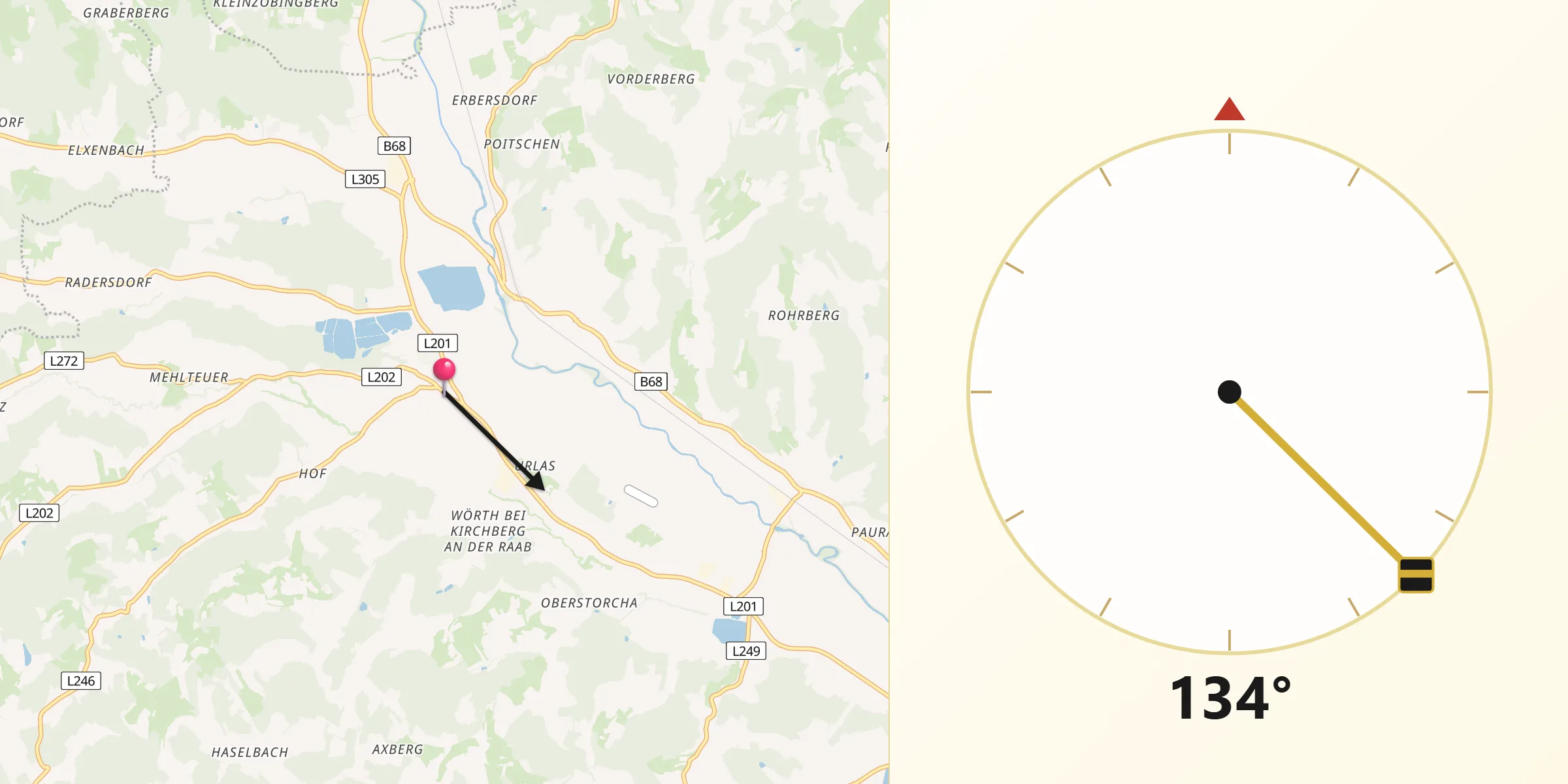 Qibla-Richtung von Kirchberg an der Raab