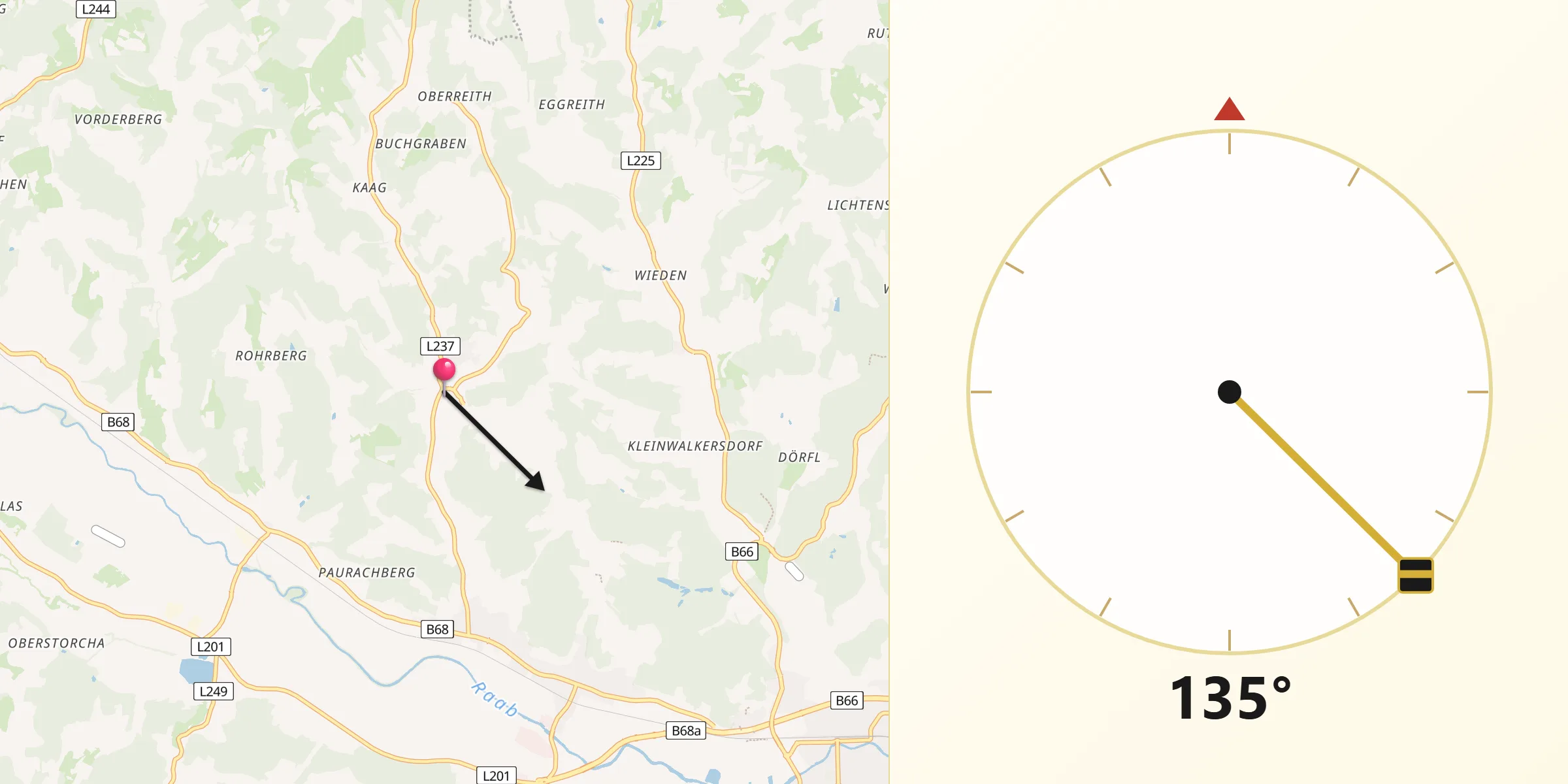 Qibla-Richtung von Edelsbach bei Feldbach