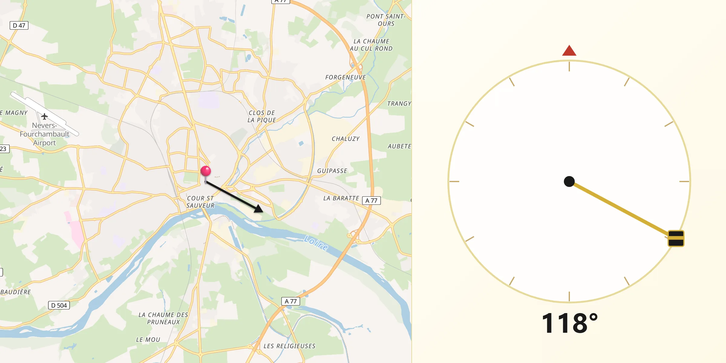 Direction vers la Qibla depuis Nevers