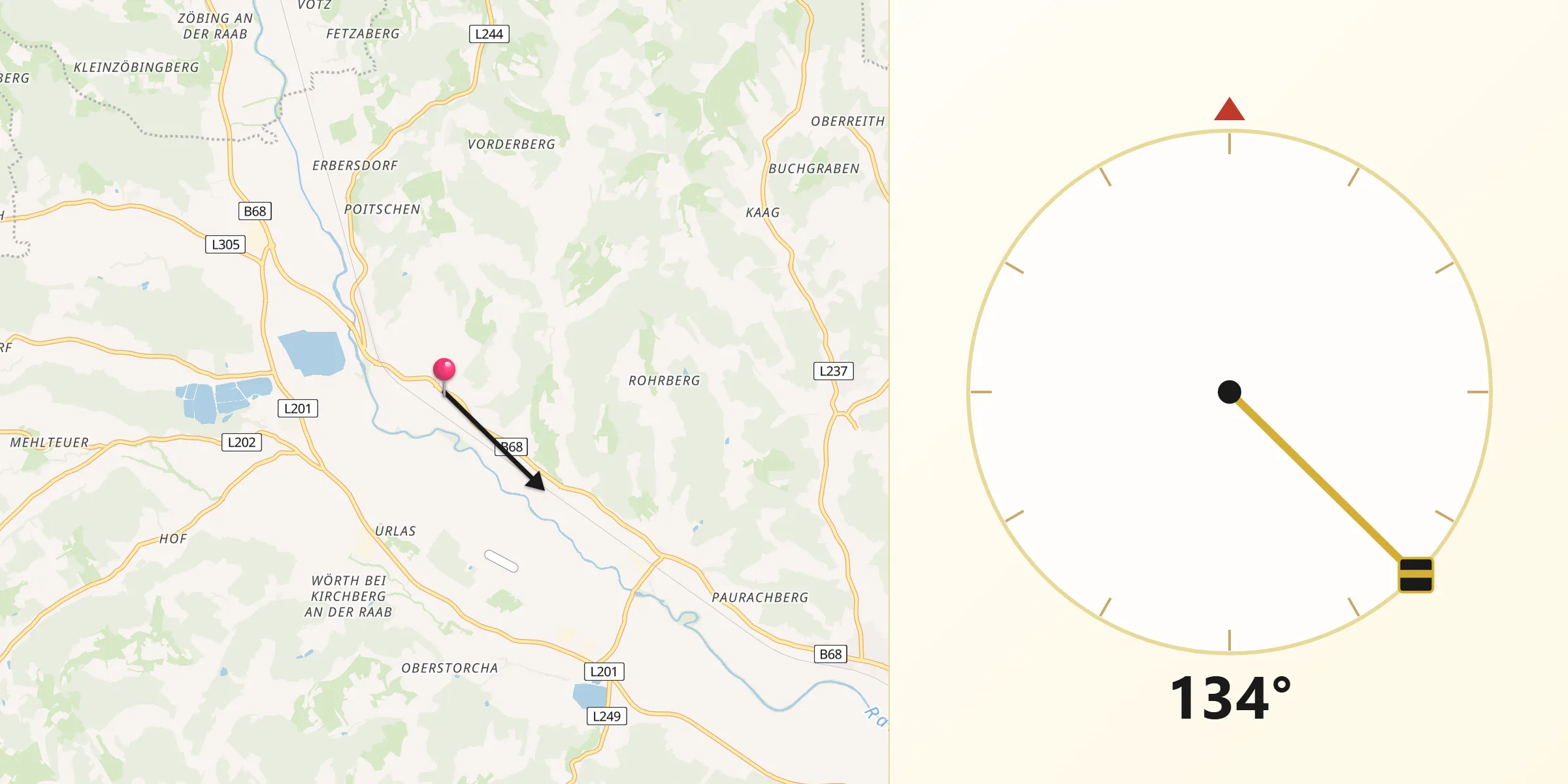 Qibla-Richtung von Fladnitz im Raabtal