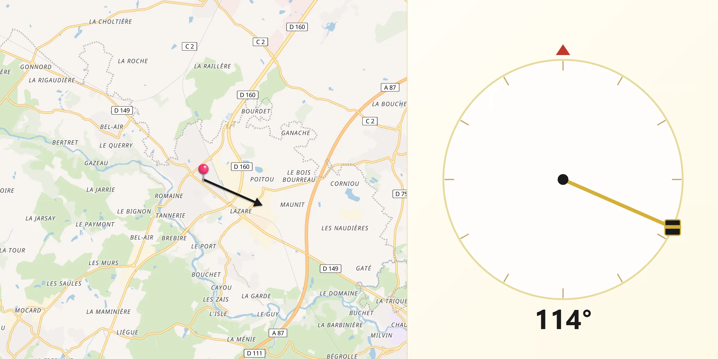 Direction vers la Qibla depuis Mortagne-sur-Sèvre